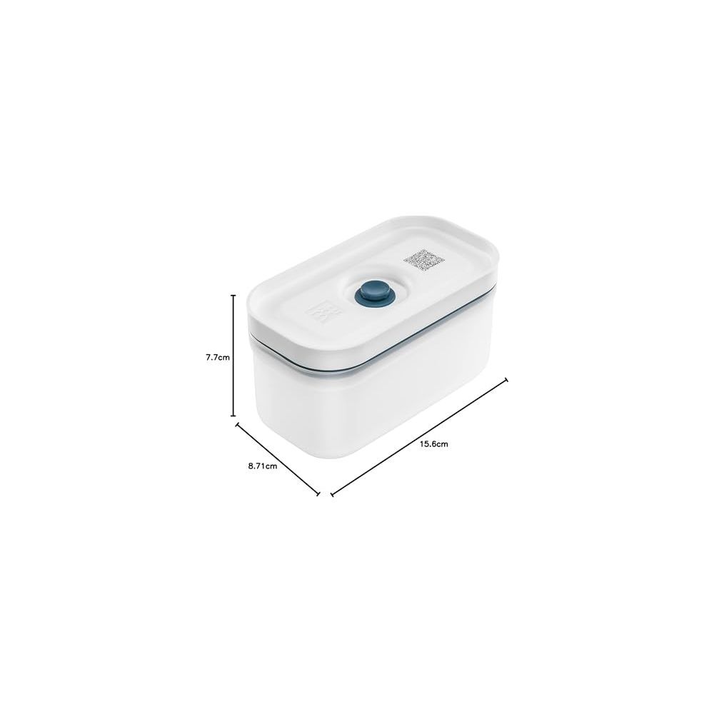 Contenitore bianco con pomello blu e dimensioni.