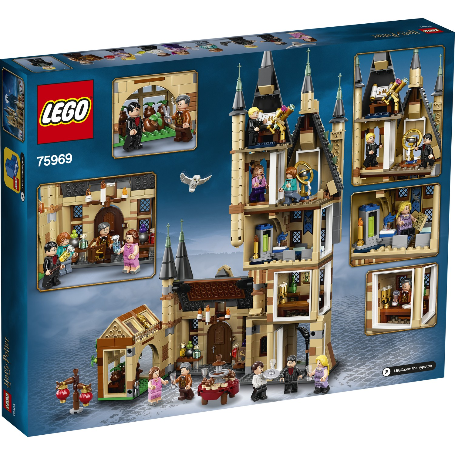 LEGO Harry Potter Schloss mit Figuren und detailreichen Räumen. Ein Eulenpost-Symbol ist sichtbar.