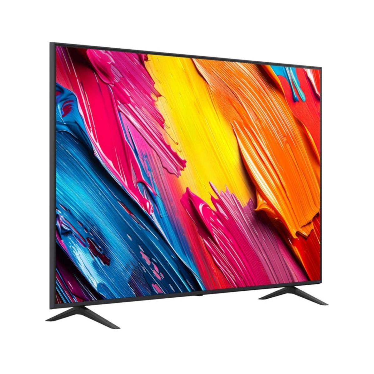 Un televisor moderno de pantalla plana con marco negro muestra pinceladas abstractas de pintura colorida.