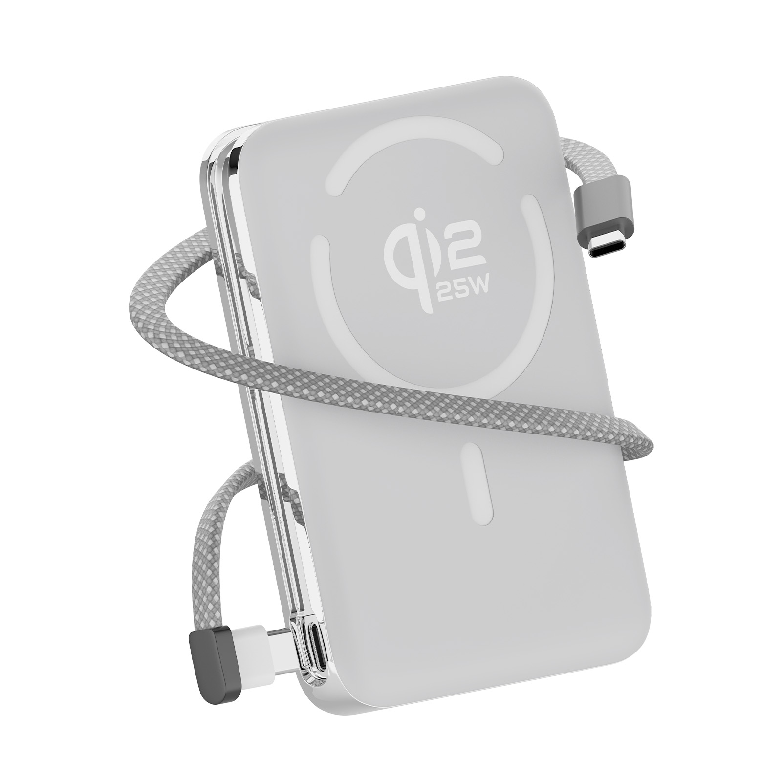 Ein weißes Qi-Ladegerät mit einem grauen USB-C-Kabel, das darum gewickelt ist.