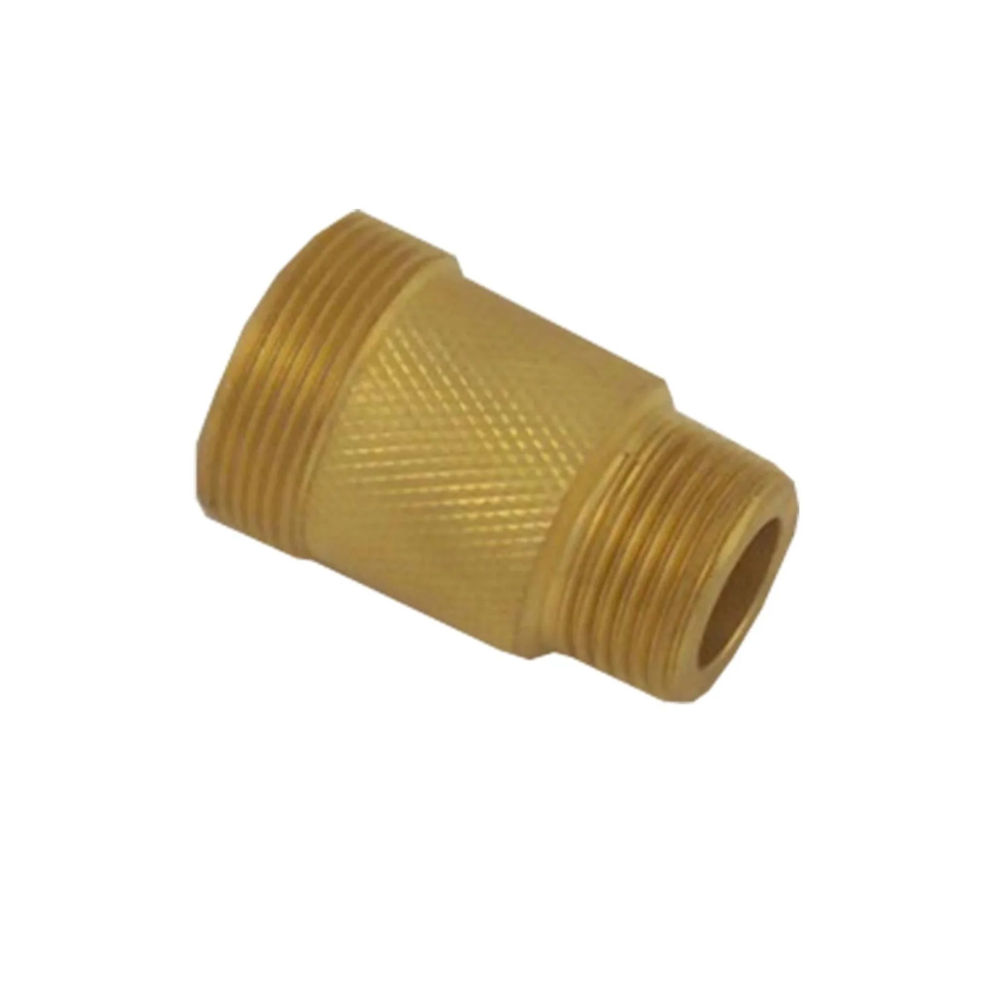 Een gouden schroefdraadadapter met karteling in het midden.