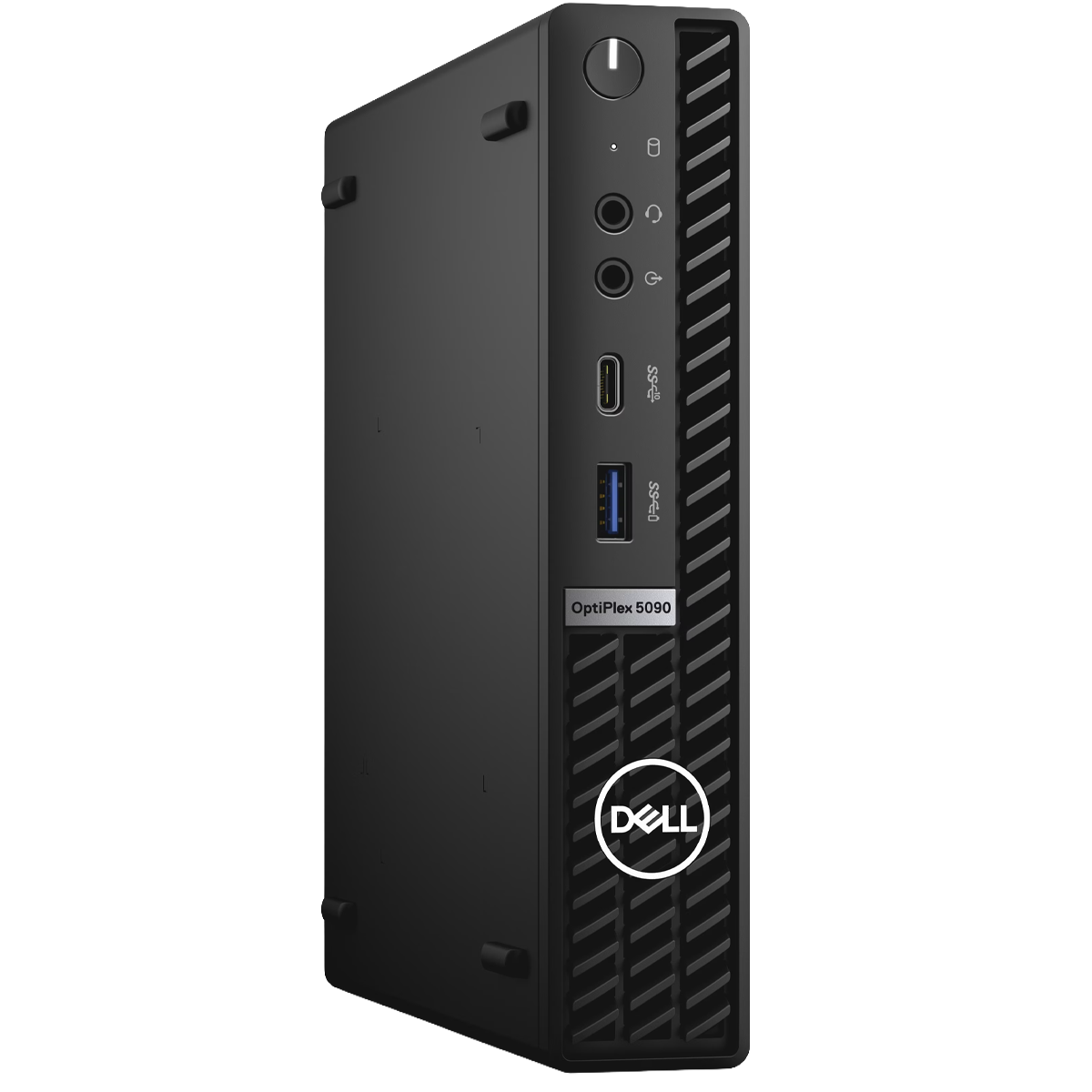 Black Dell OptiPlex 5090 mini PC with ports and logo.