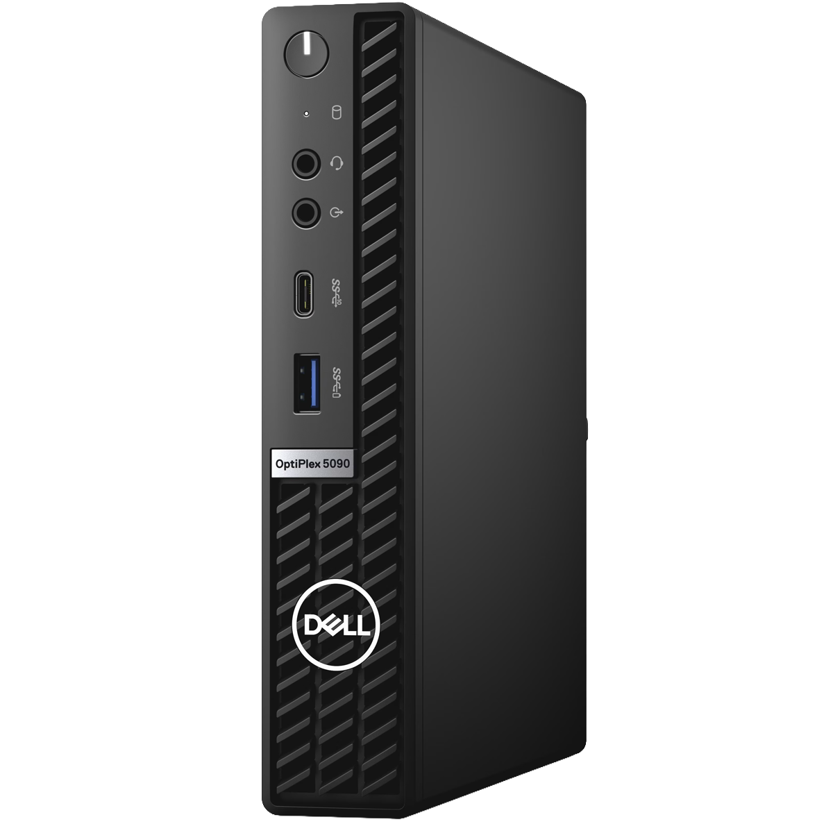 Black Dell OptiPlex 5090 mini PC with ports and Dell logo.