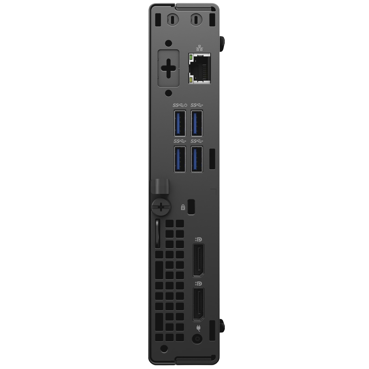 Back panel of a dark gray computer tower with USB, network, and display ports.