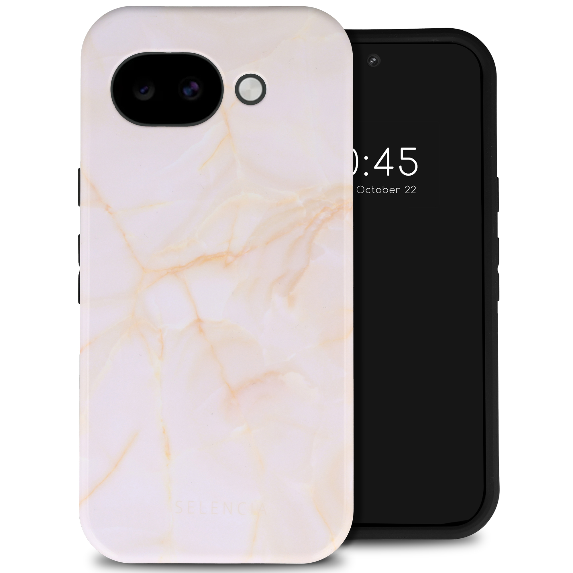 Een telefoon met marmeren hoesje en zwart scherm met 10:45 erop.