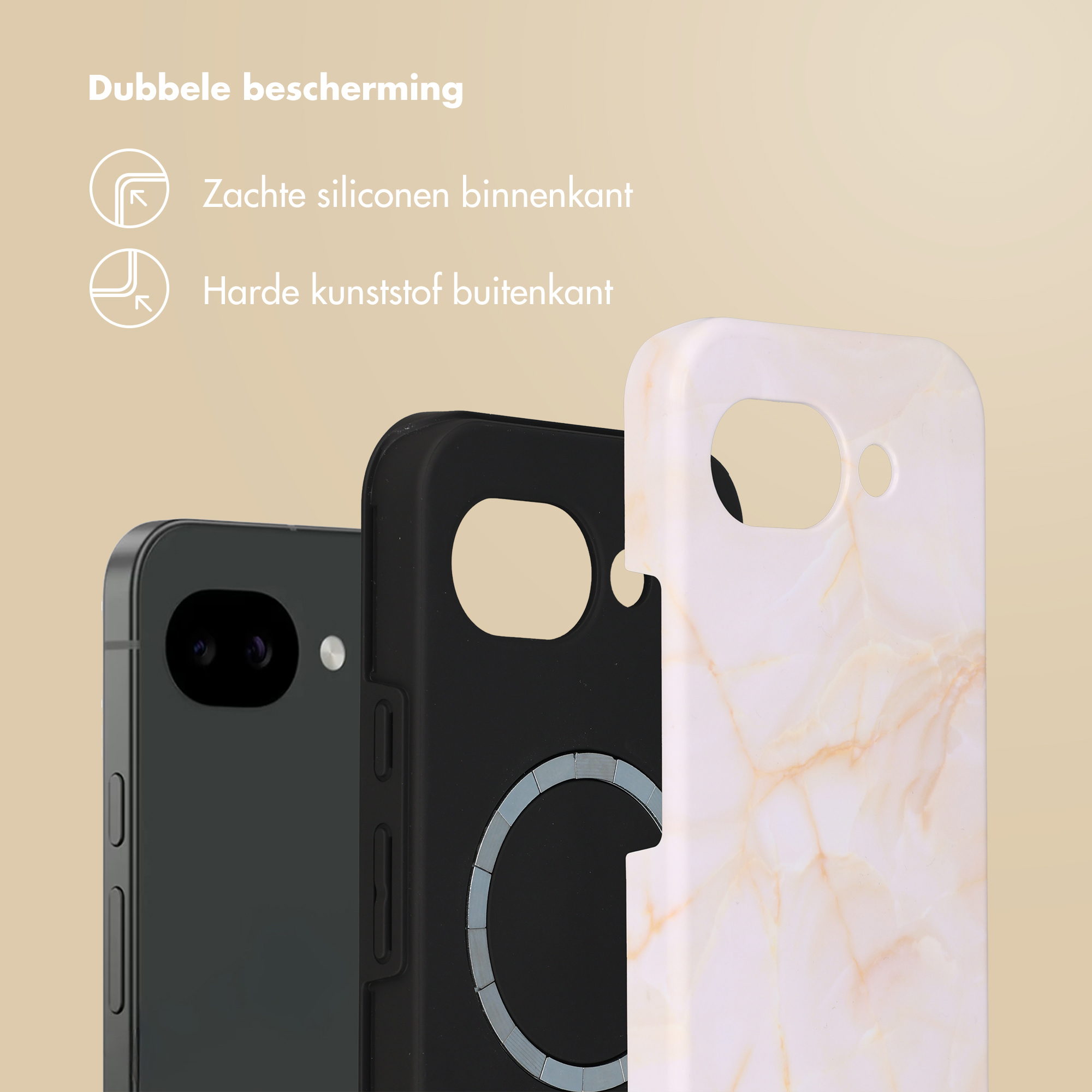 Drie telefoonhoesjes: zwart, gemarmerd, met tekst over dubbele bescherming.