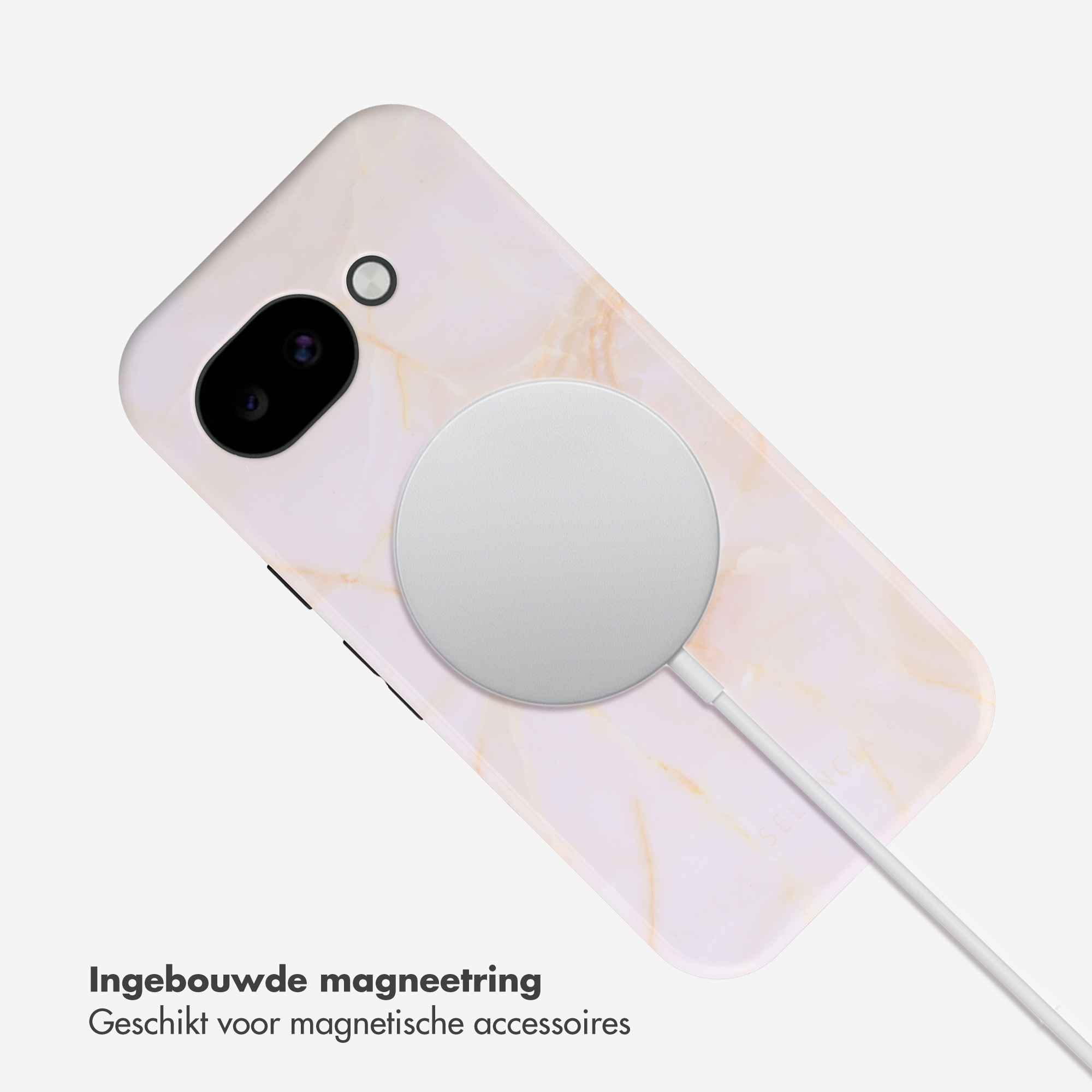 Een marmeren telefoonhoes met een witte magnetische oplader.