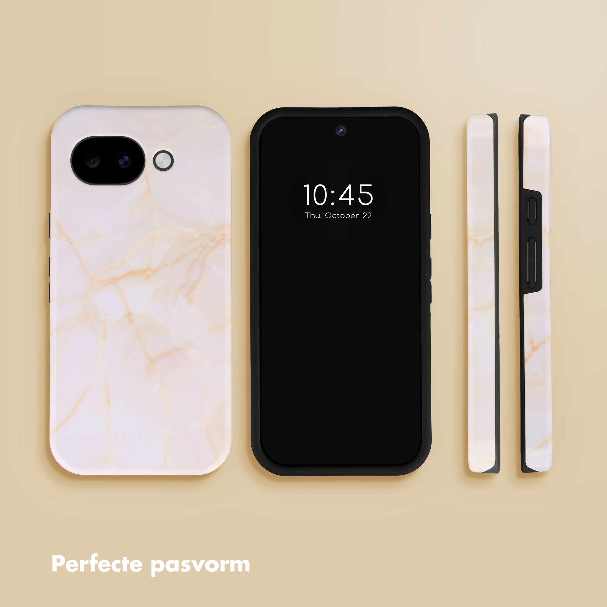 Een telefoon met marmerpatroon hoesje, naast twee telefoonhoesjes.