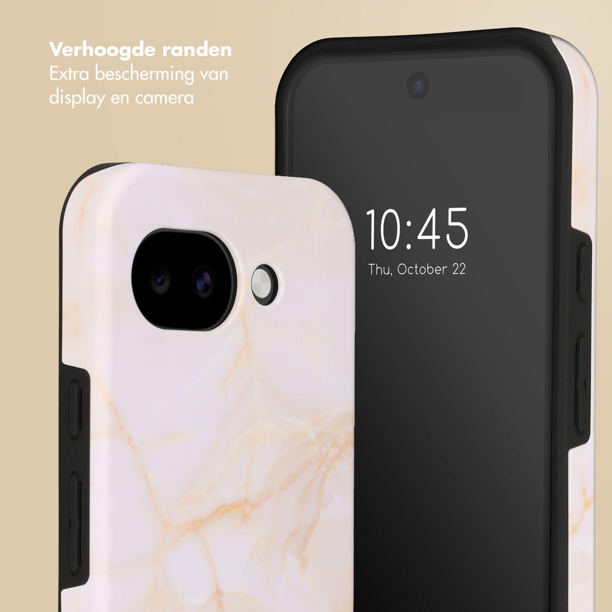 Twee telefoons met marmerlook en verhoogde randen voor camerabescherming.