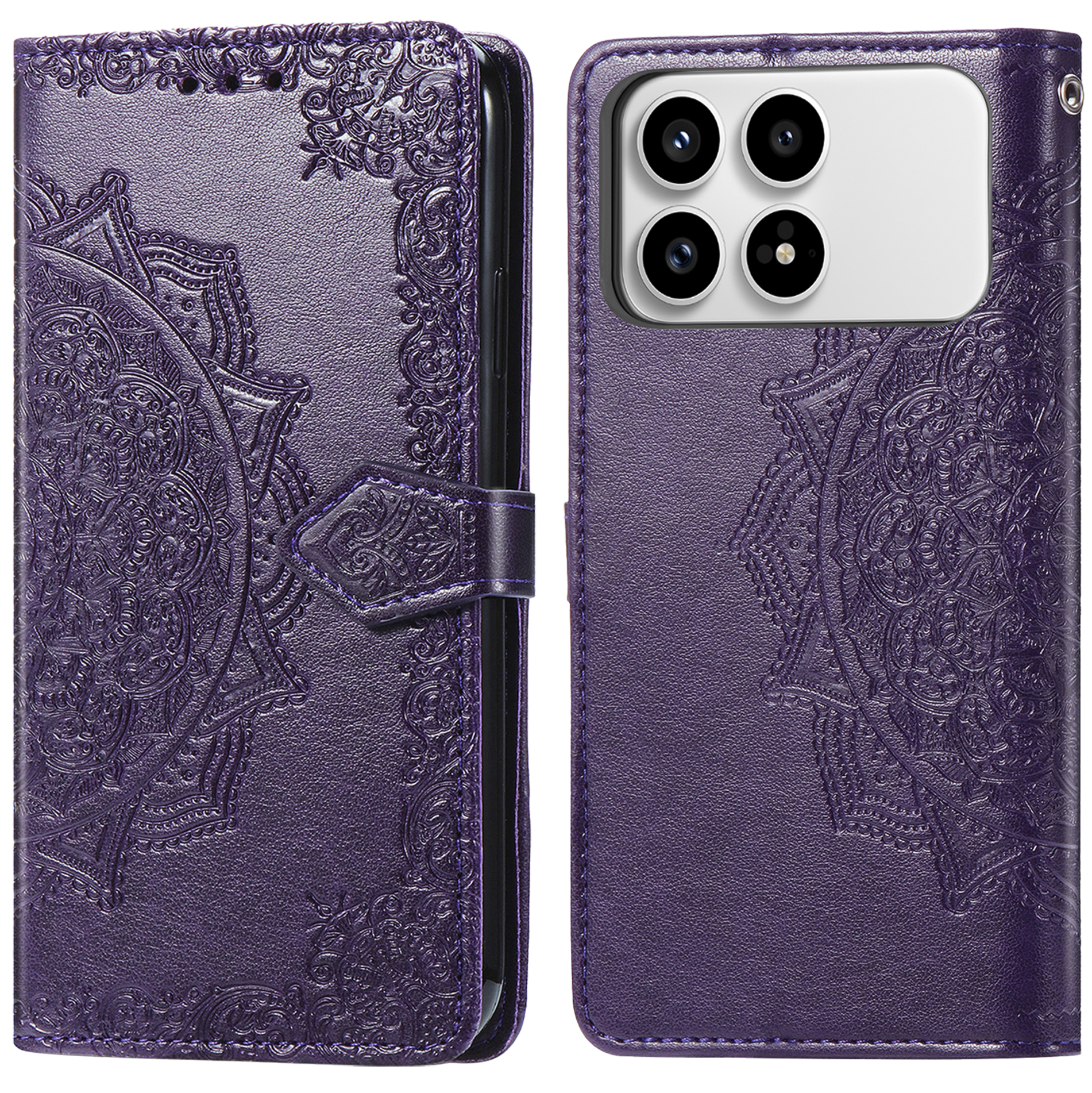 Étui en cuir violet avec motif mandala et quatre objectifs.