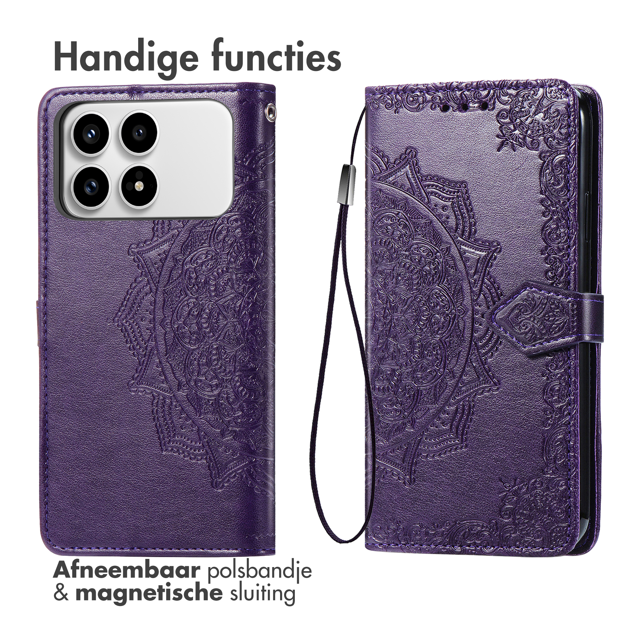 Étui de téléphone violet avec mandala en relief, quatre caméras et sangle.