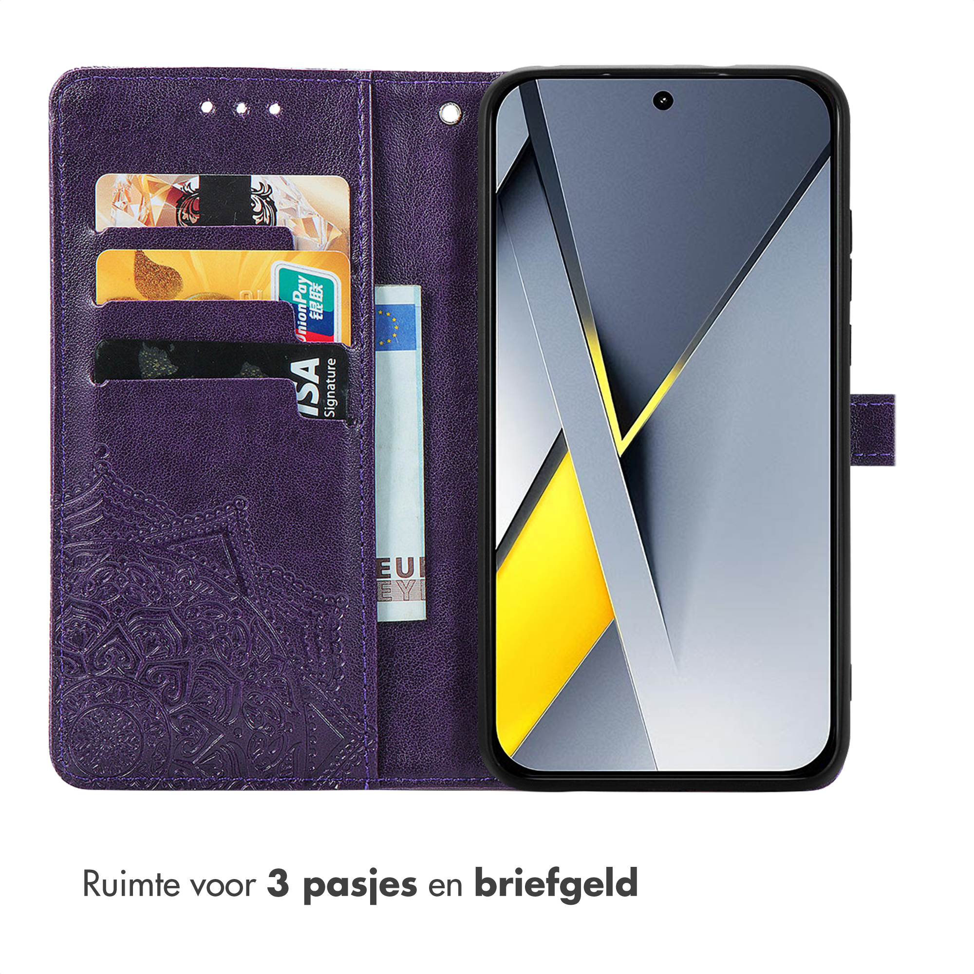 Étui de téléphone violet avec fentes pour cartes et téléphone.