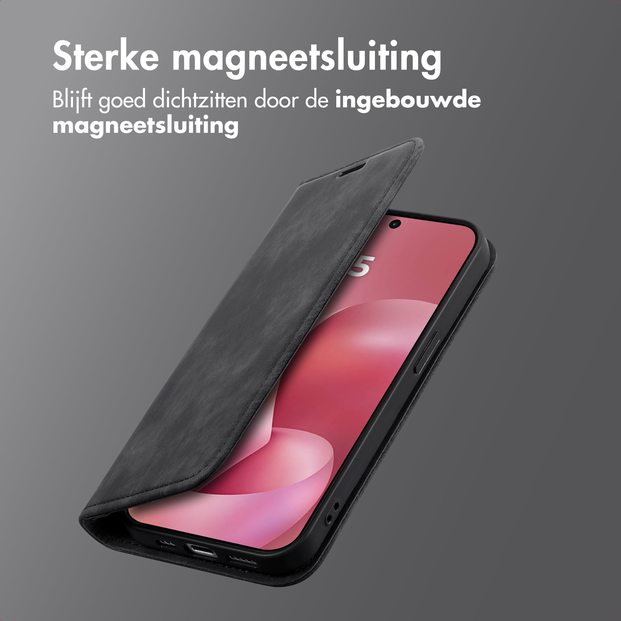 Zwart telefoonhoesje met magneetsluiting, met rood scherm.