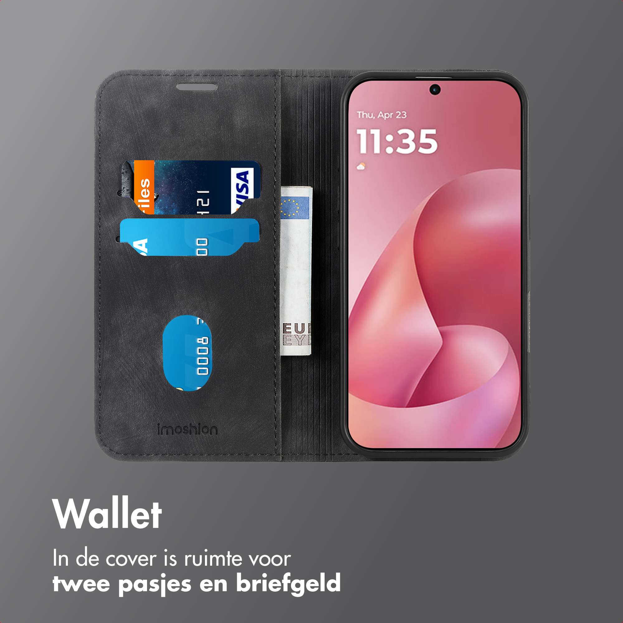 Zwarte telefoon portemonnee met kaartsleuven en eurobiljet.