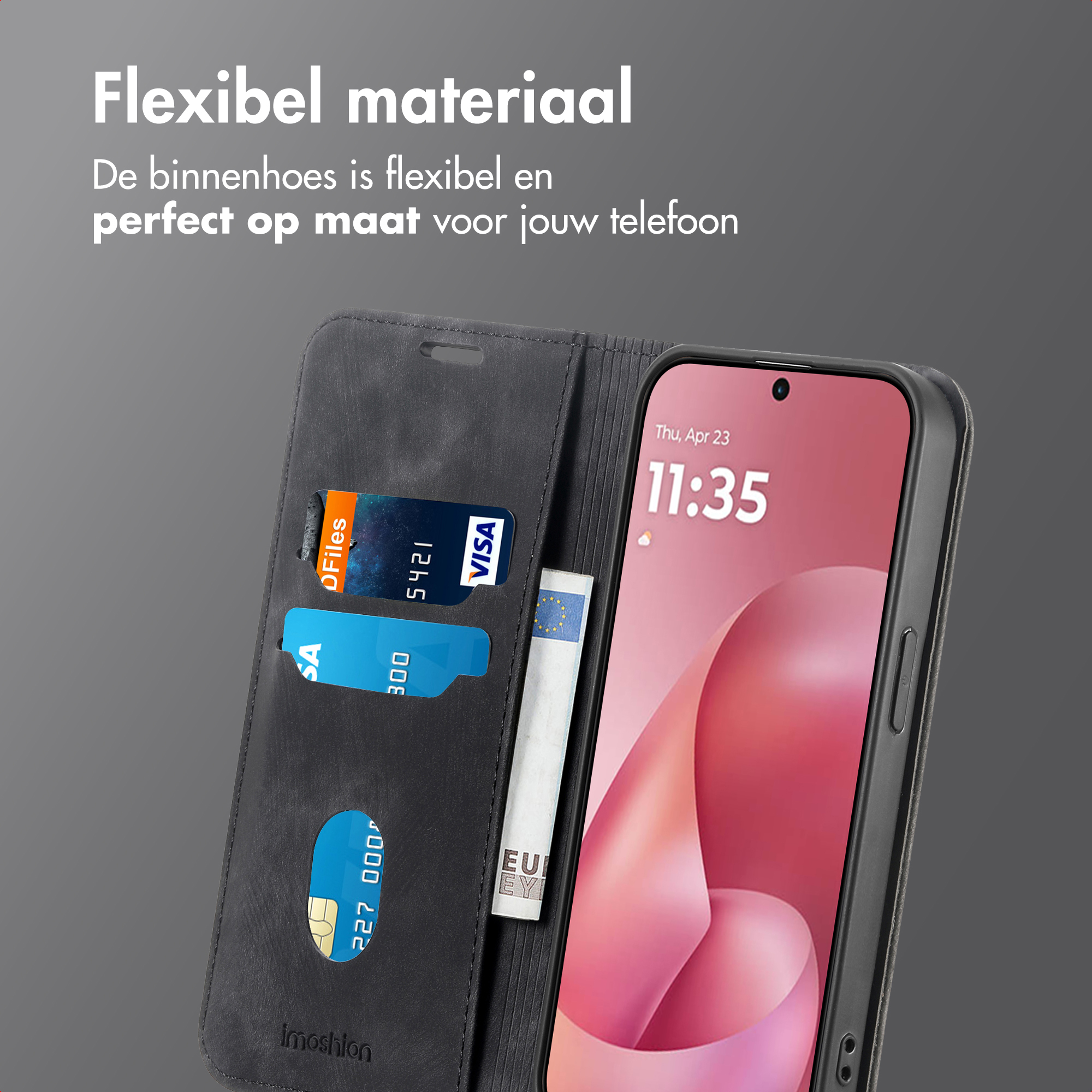 Een zwarte telefoon flipcase met kaartsleuven en een telefoon met tijd.