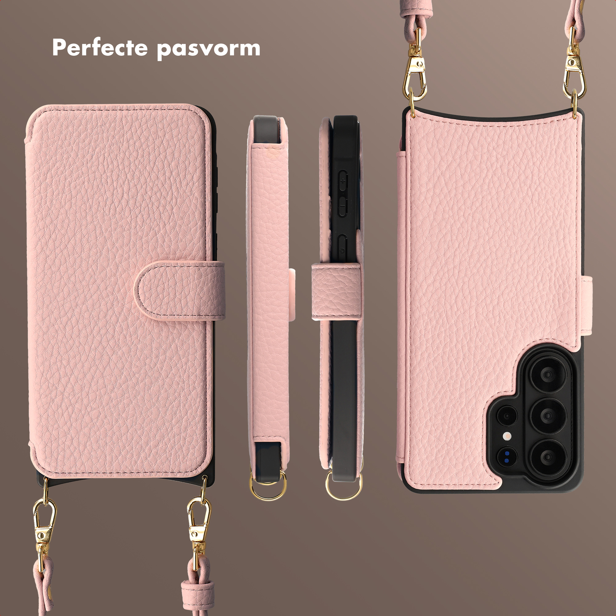Roze leren telefoonhoes met band, vanuit meerdere hoeken getoond.