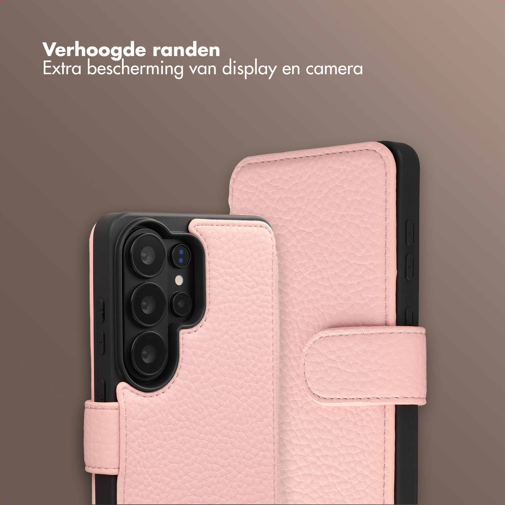 Een roze telefoonhoes met verhoogde randen voor display- en camerabescherming.