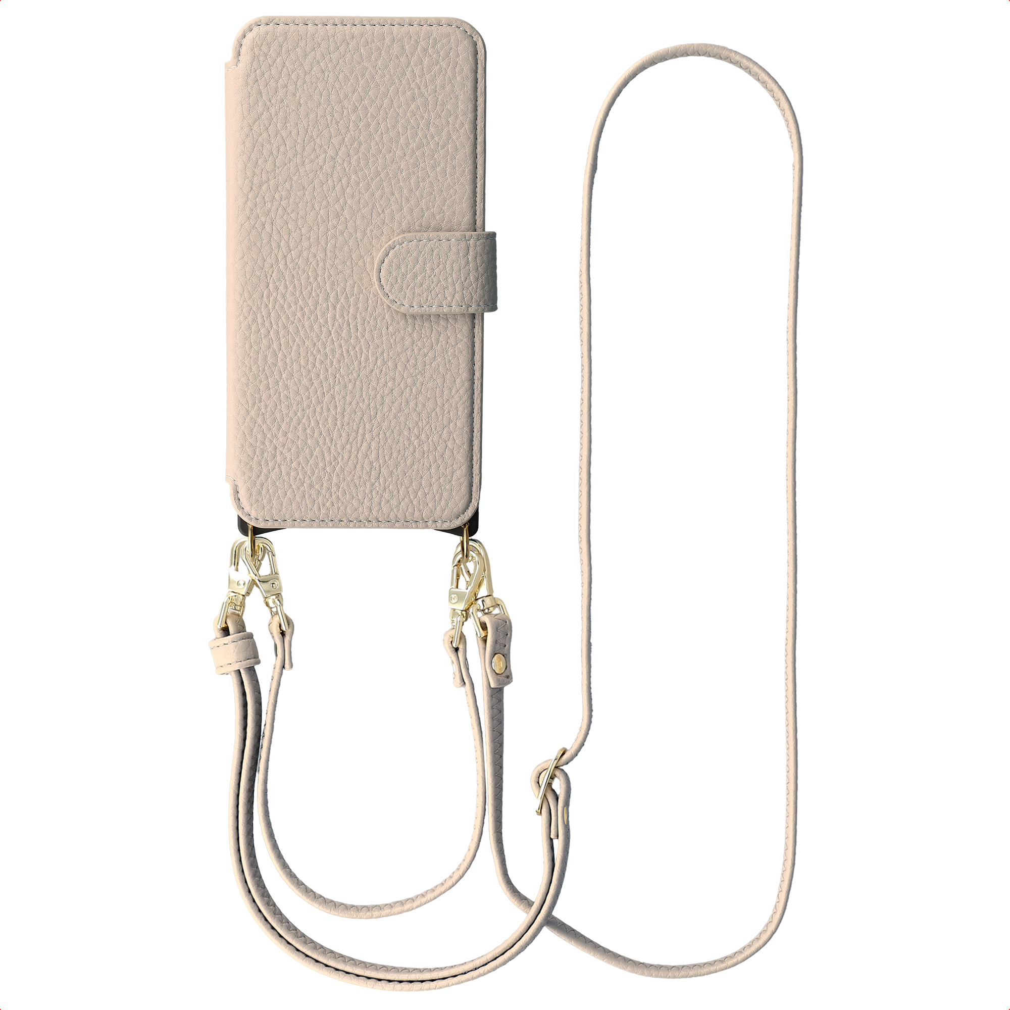 Een lichtbeige leren telefoonhoes met band en gouden gespen.