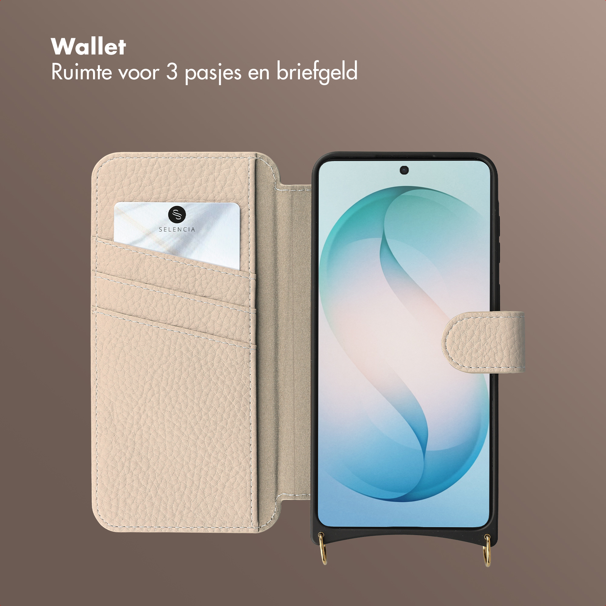 Een beige telefoonhoesje met kaarthouders en magnetische sluiting.