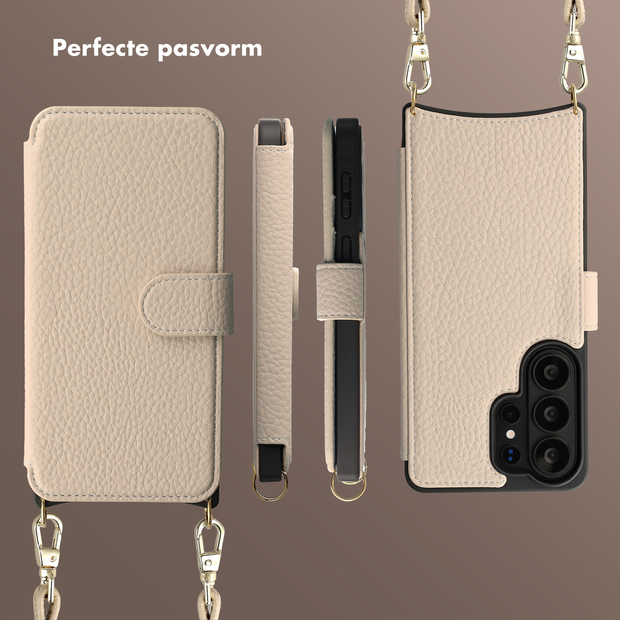 Een beige lederen telefoonhoes met camerasysteem en riem wordt vanuit meerdere hoeken getoond.