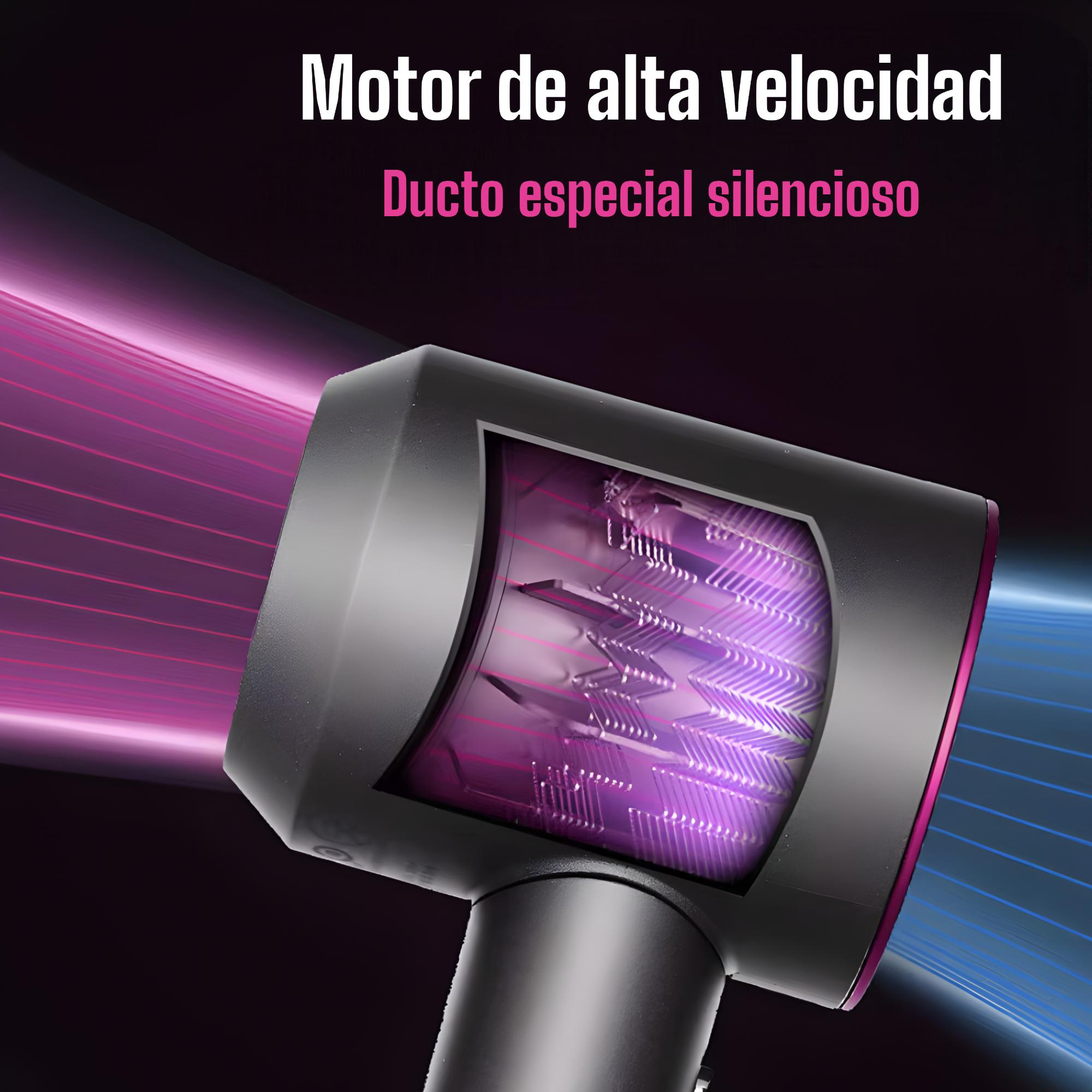 Un secador de pelo mostrando su motor abierto con aspas moradas, rodeado de corrientes de aire azules y rosas.
