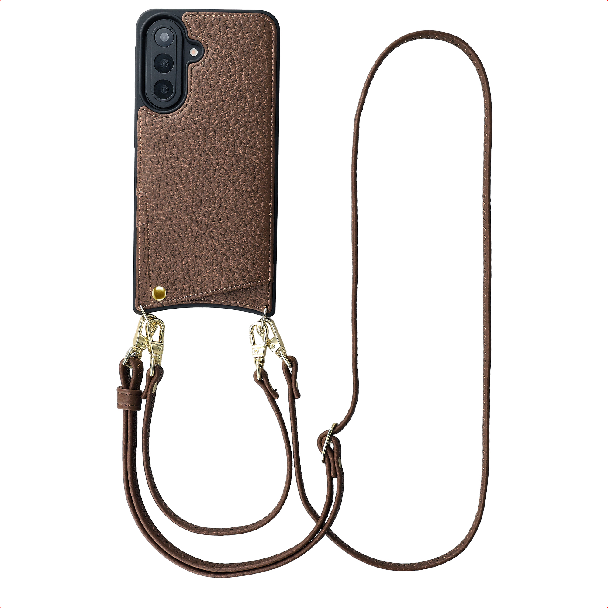 Coque en cuir marron pour téléphone avec caméras et une longue sangle.