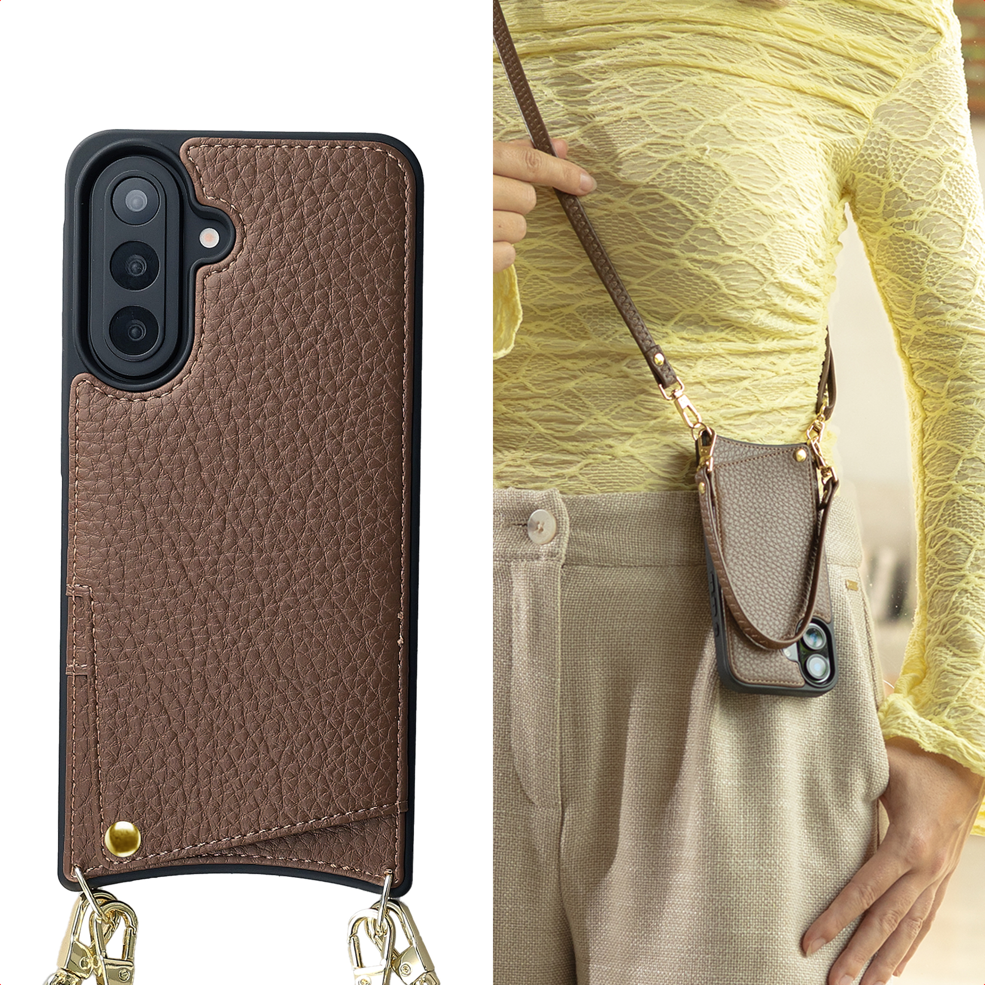 Étui de téléphone en cuir marron avec découpes pour appareil photo et sangle, porté par une personne.