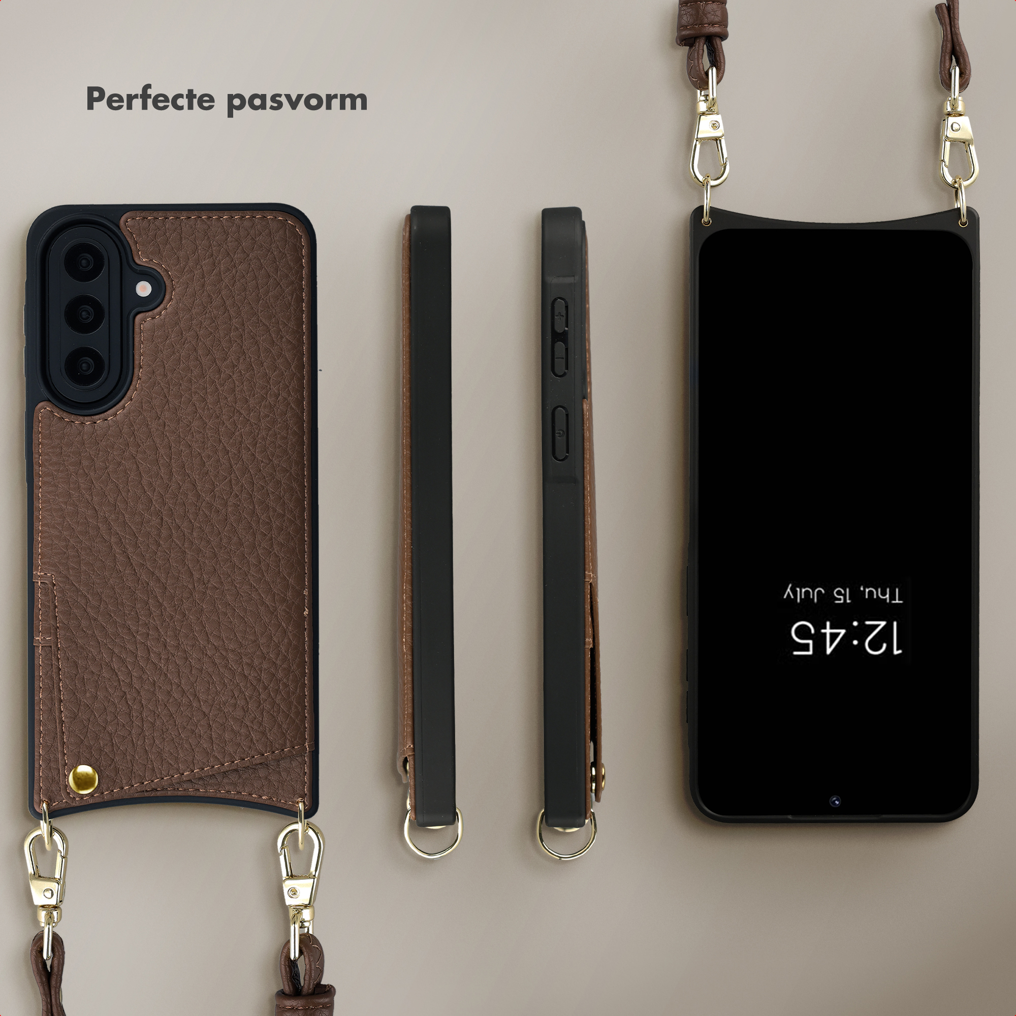Étui de téléphone marron avec lanière, trois vues et texte « Ajustement parfait ».