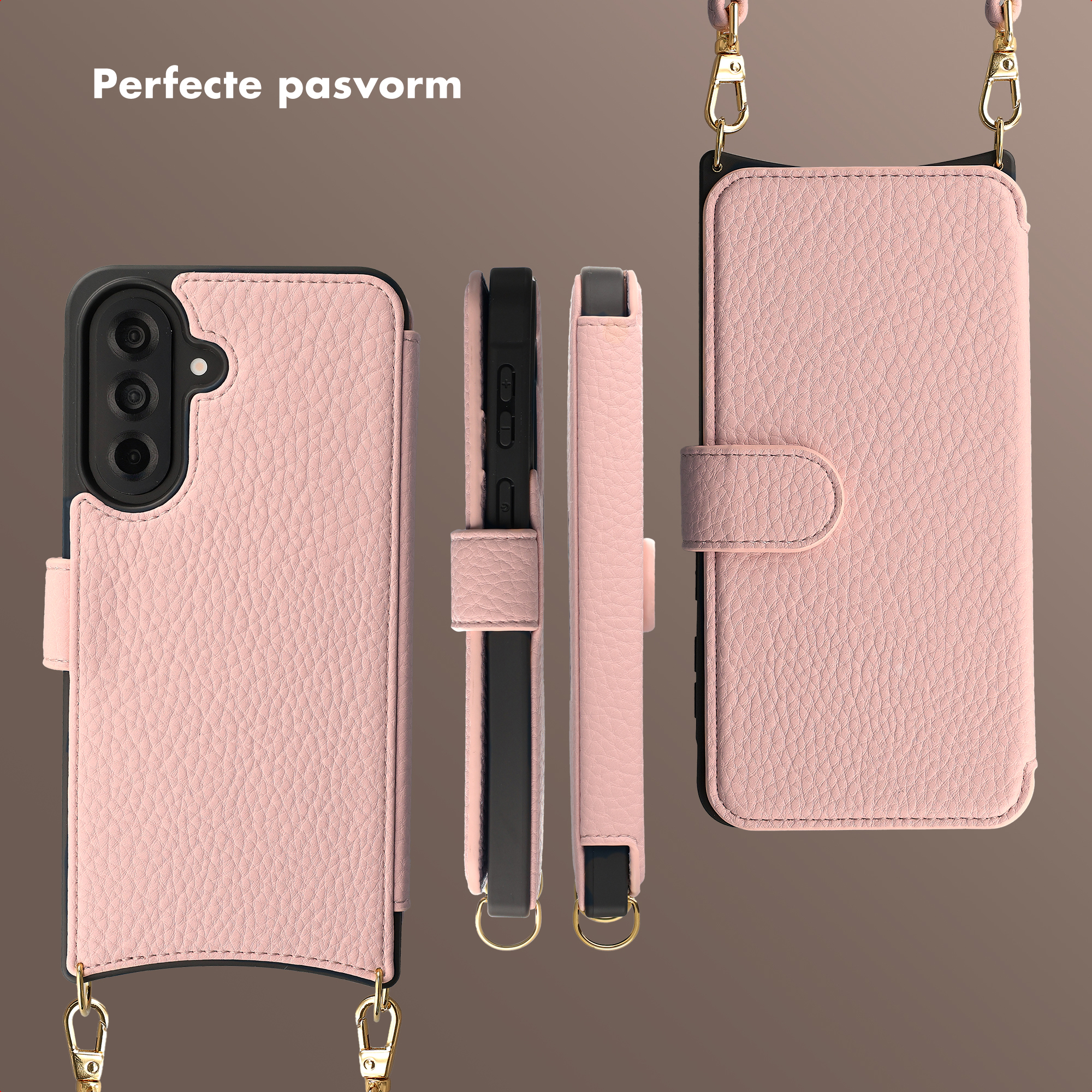 Custodia a portafoglio rosa per telefono con cinturino, viste frontale, laterale e posteriore.