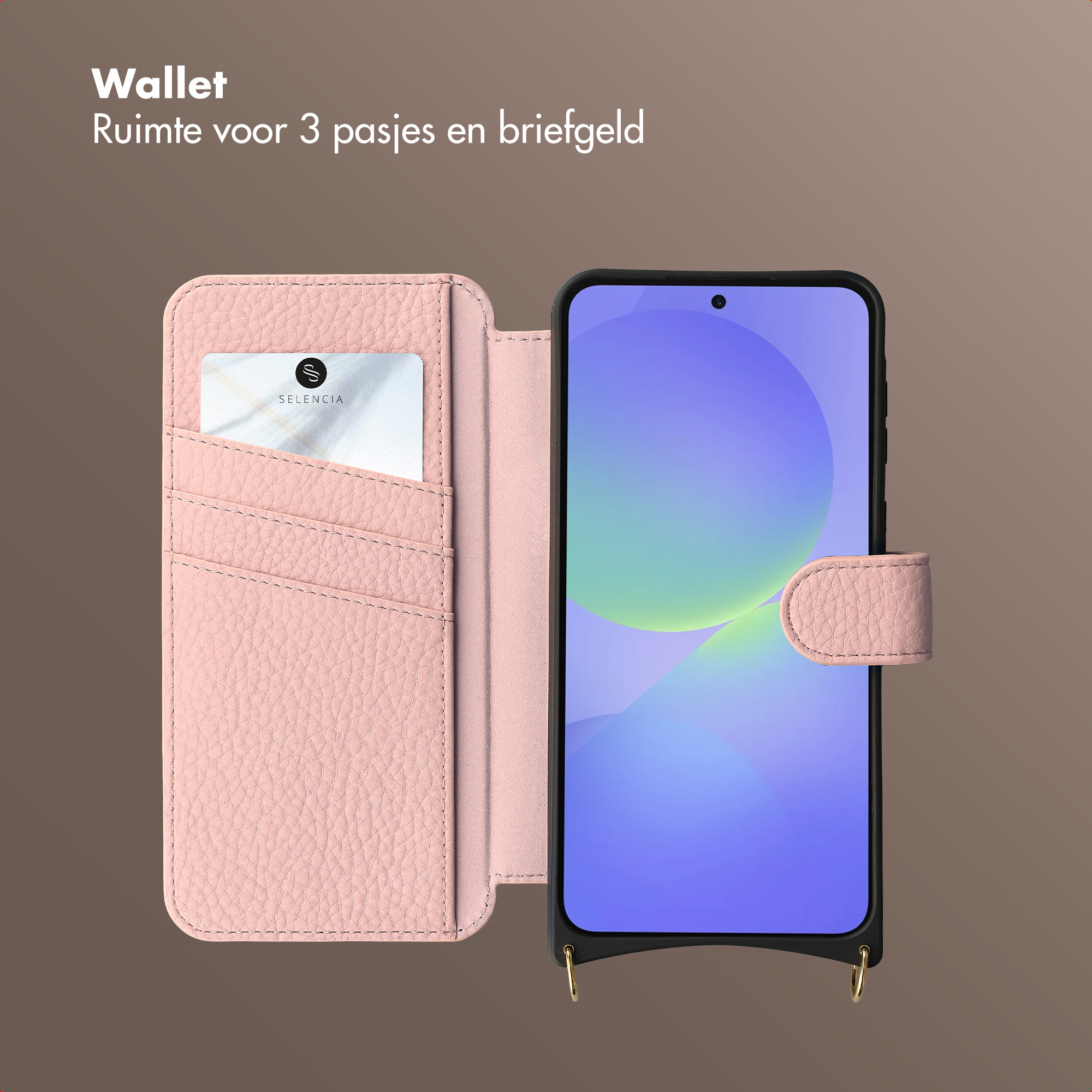 Custodia a portafoglio rosa per telefono con slot per carte e schermo chiuso.