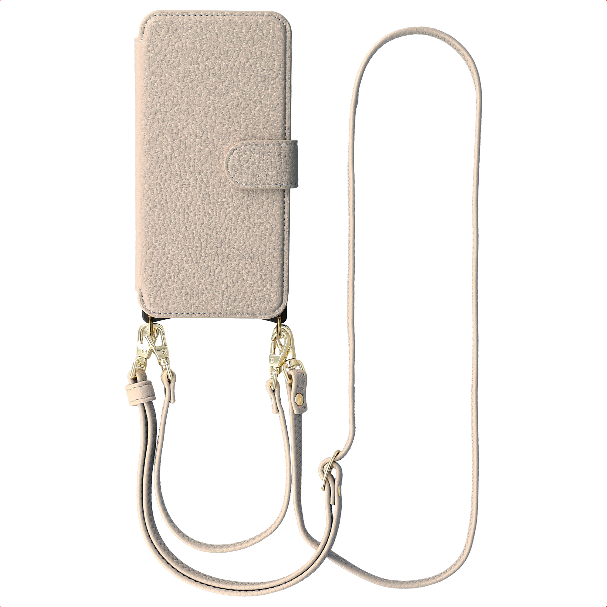 Een lichtbeige telefoonhoesje met riem en gouden clips.