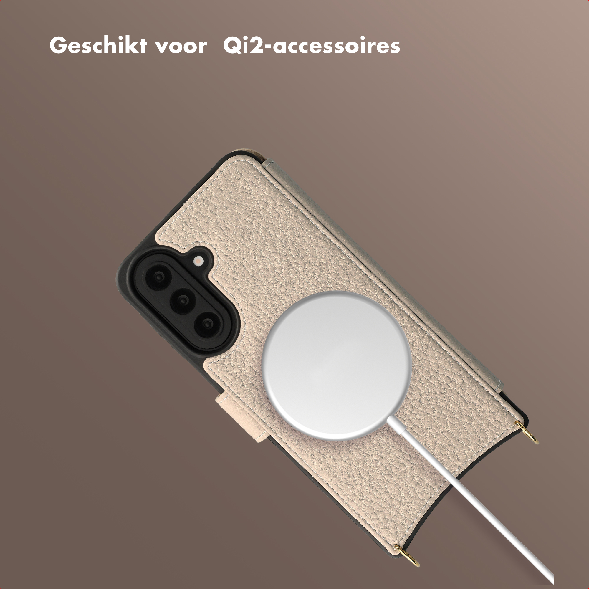 Een beige telefoonhoesje met een ronde witte oplaadstation.