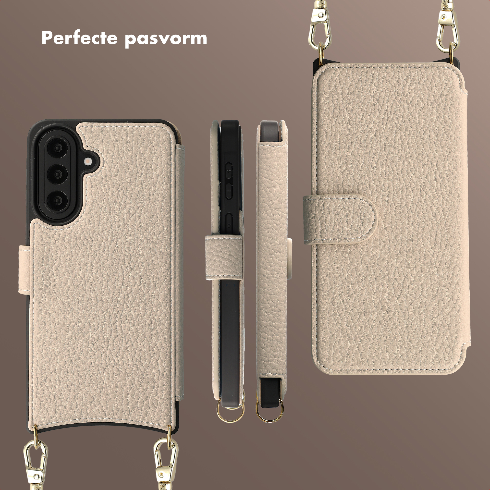 Beige lederen telefoonhoes met band en gouden hardware, vanuit meerdere hoeken getoond.