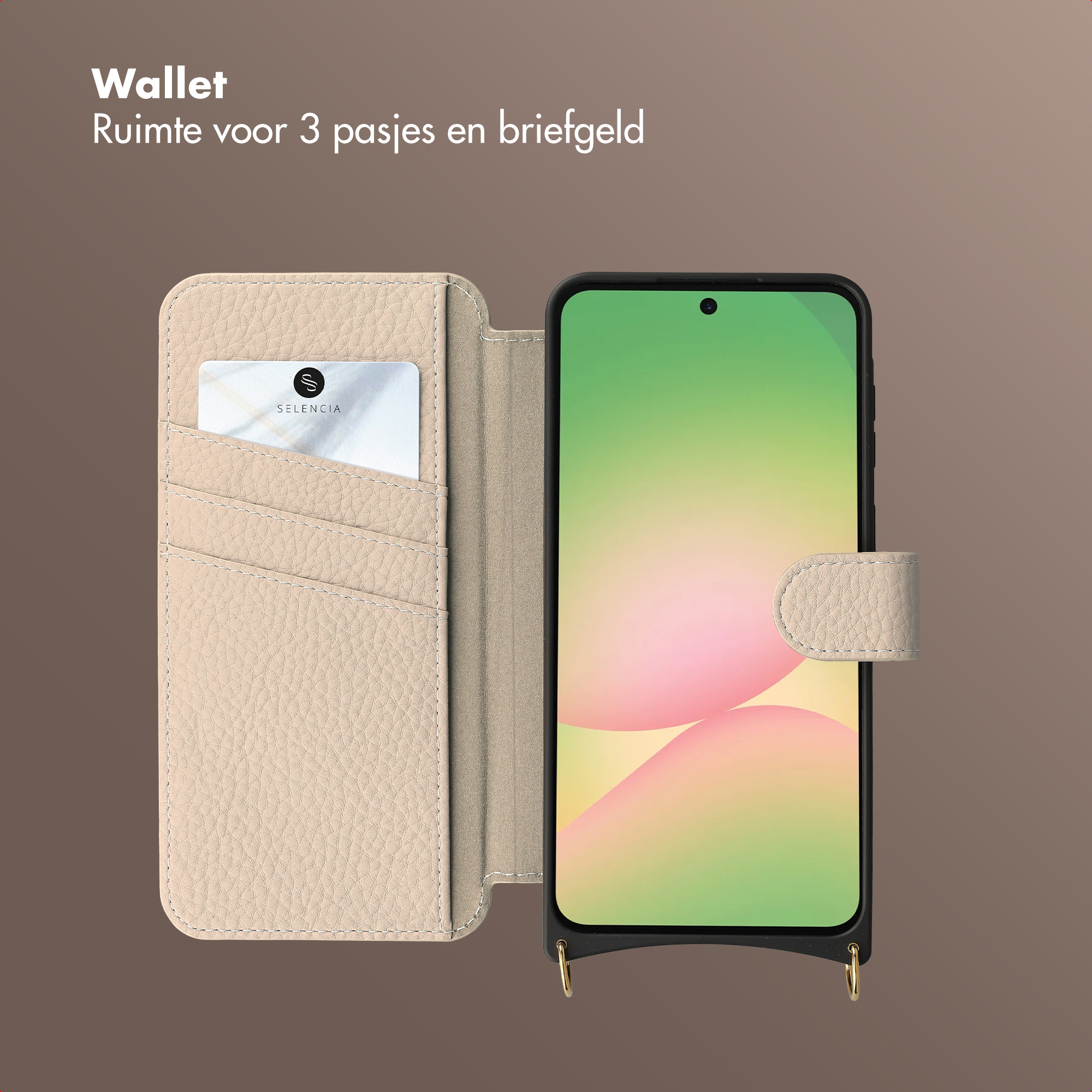 Een beige telefoonhoesje met kaartsleuven, met een kaart zichtbaar in het linker vak.