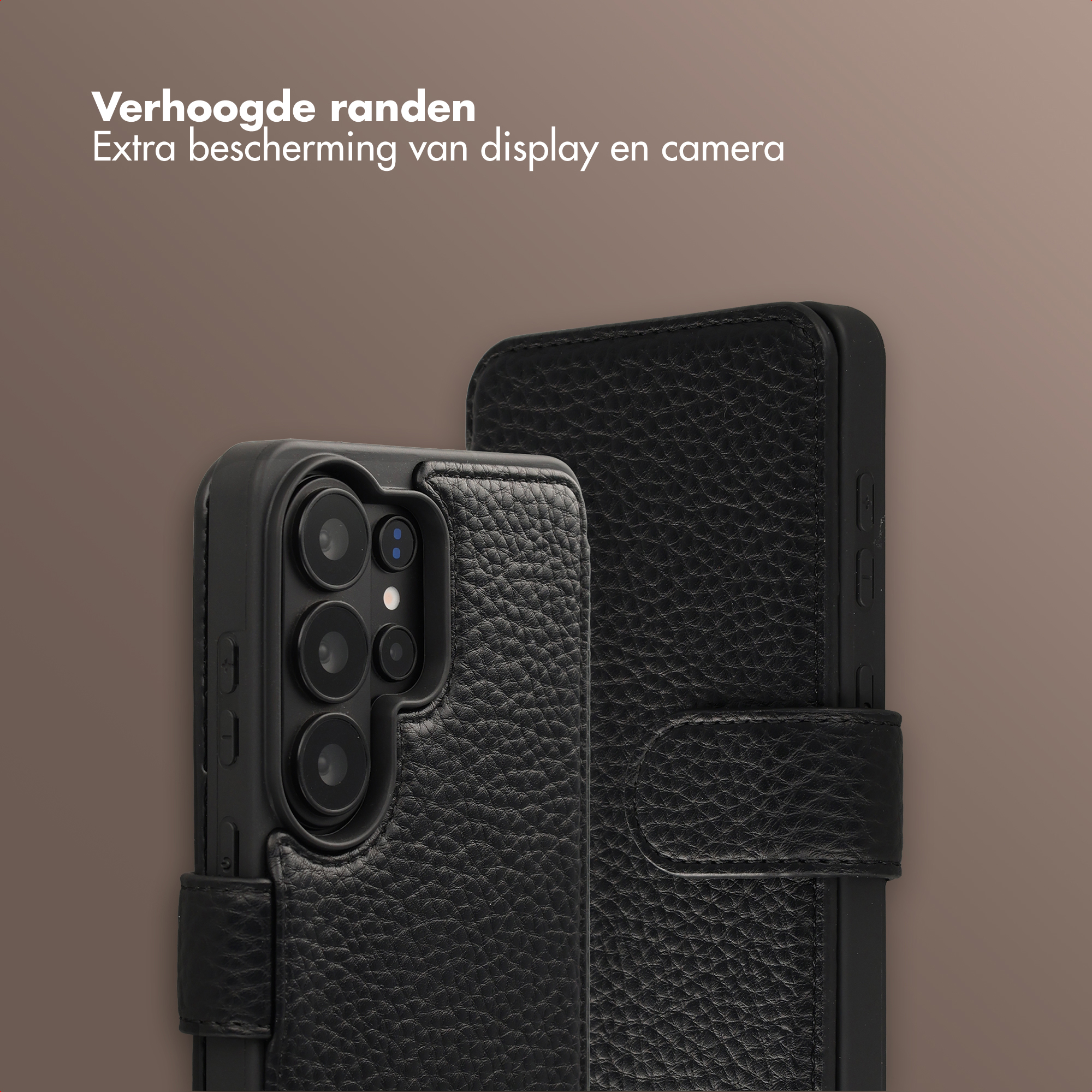 Zwarte textuur flip telefoonhoes met camera-uitsparing en randen.