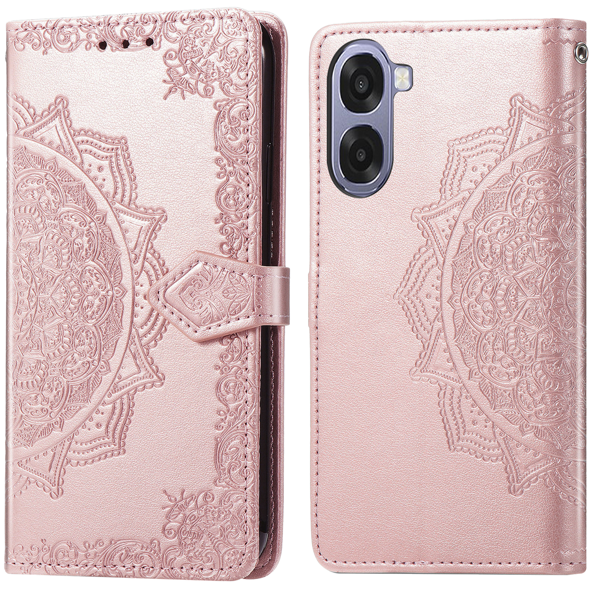 Un étui de téléphone rose doré avec motif mandala et boîtier caméra.