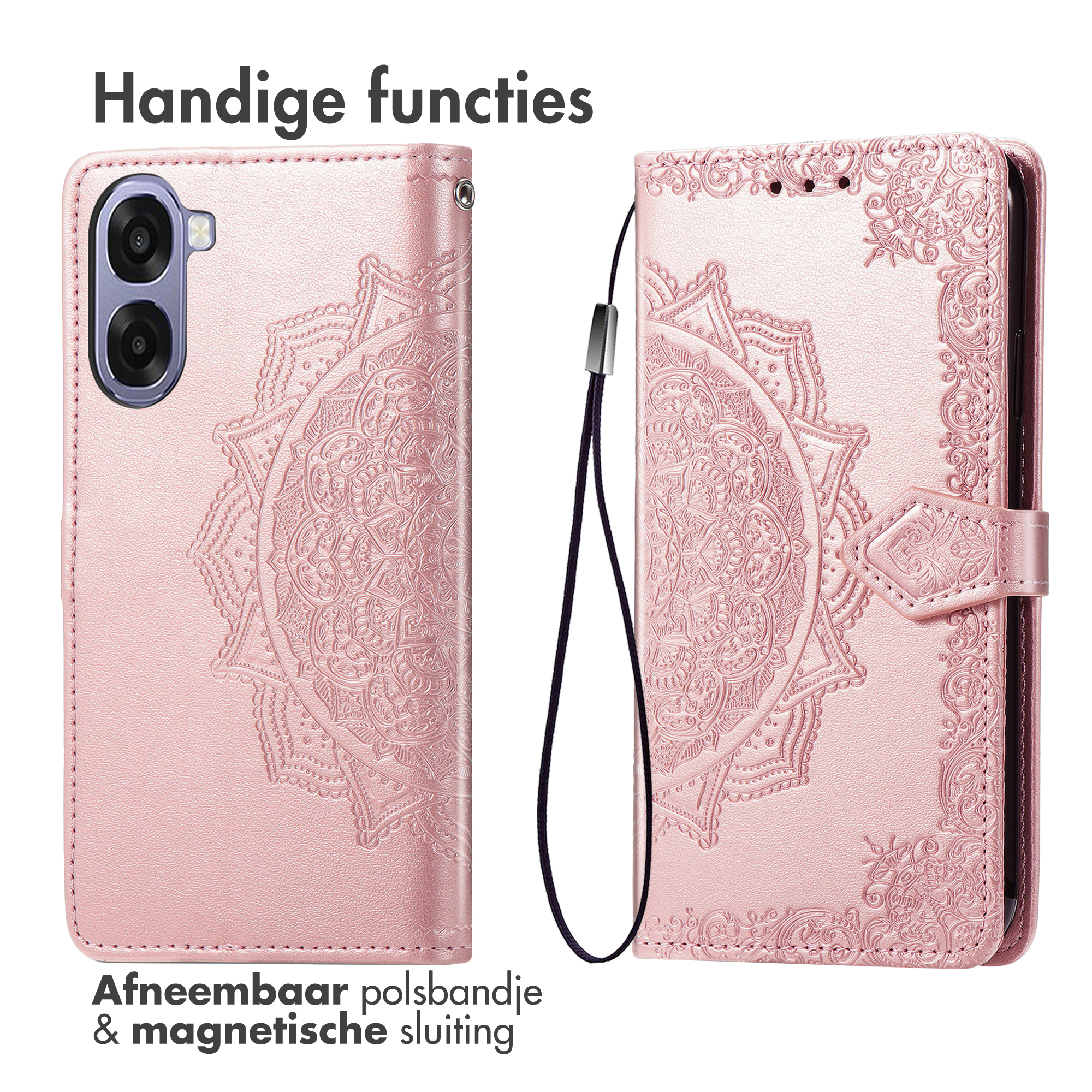 Une coque de téléphone rose à motif mandala en relief avec dragonne amovible.