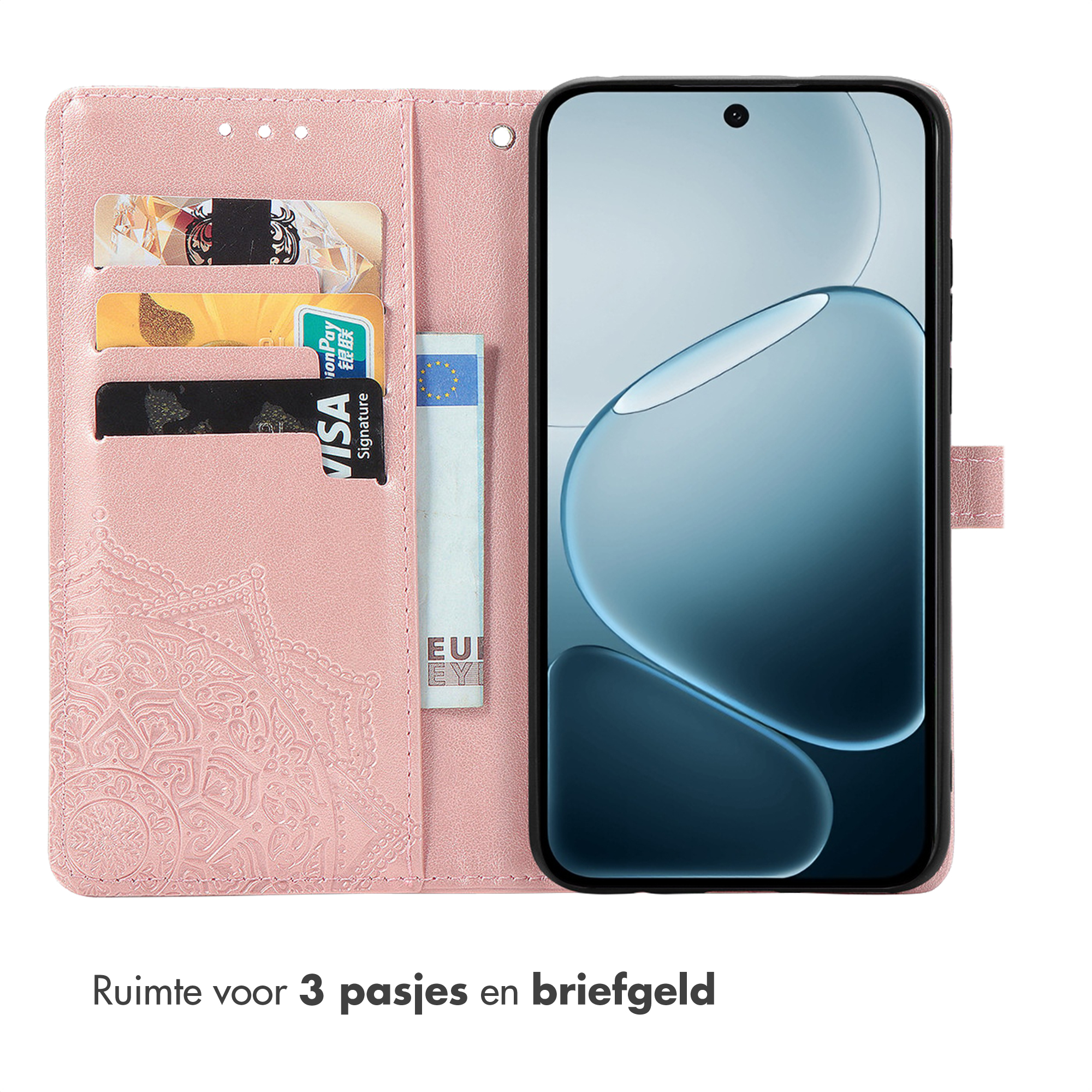 Un étui de téléphone rose avec fentes pour cartes et un téléphone. Motif mandala.