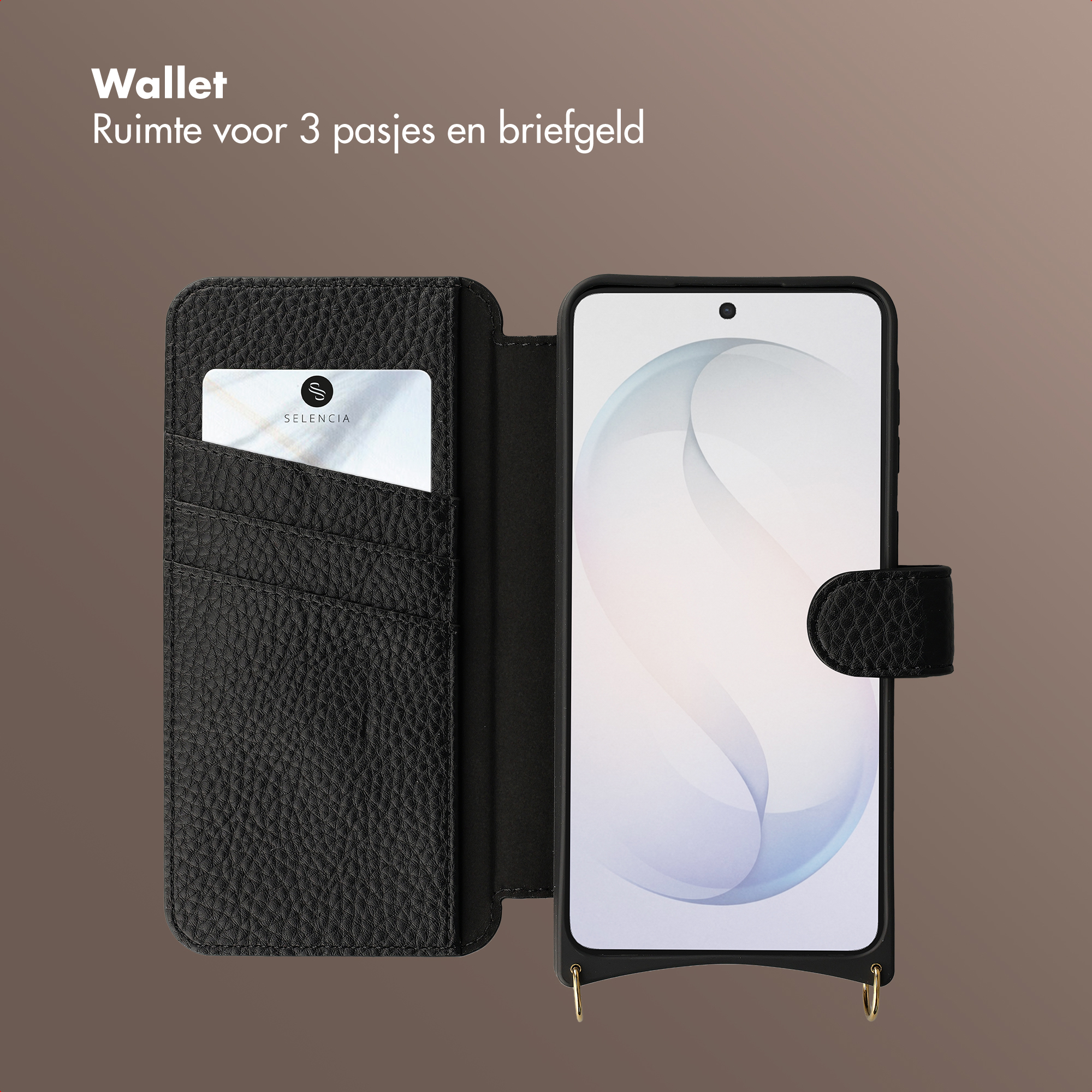 Custodia a portafoglio in pelle nera con slot per carte e smartphone chiuso.