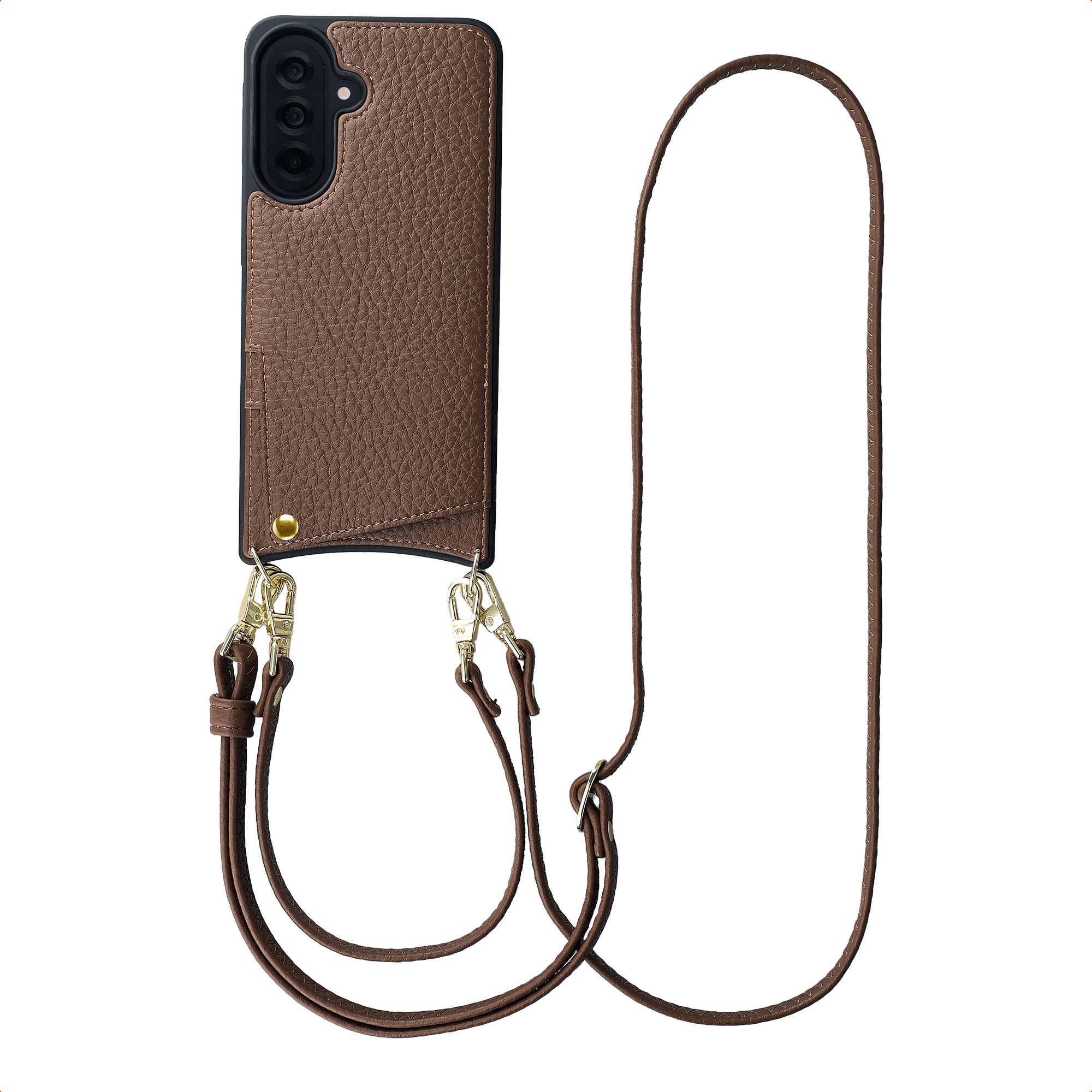 Coque de téléphone en cuir marron avec découpe caméra et cordon.