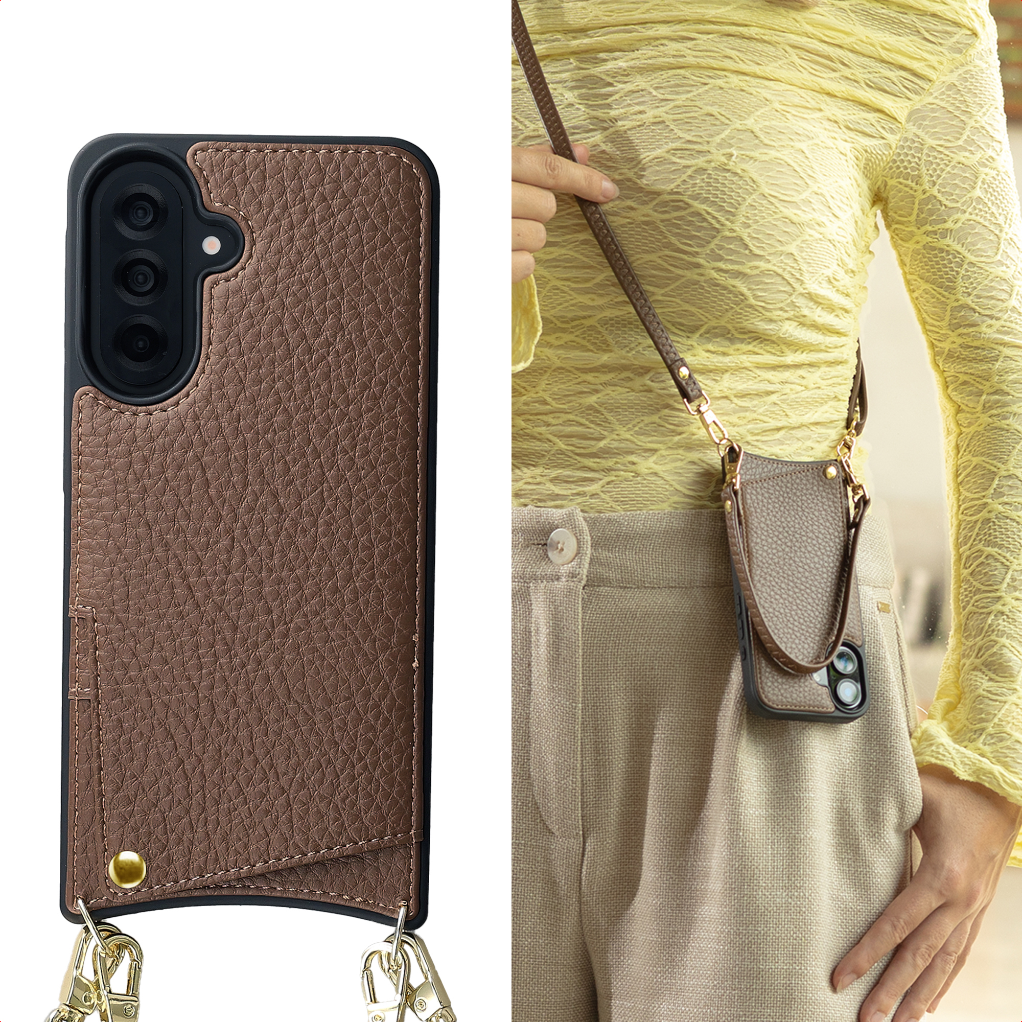 Étui en cuir marron avec lanière, porté en bandoulière.
