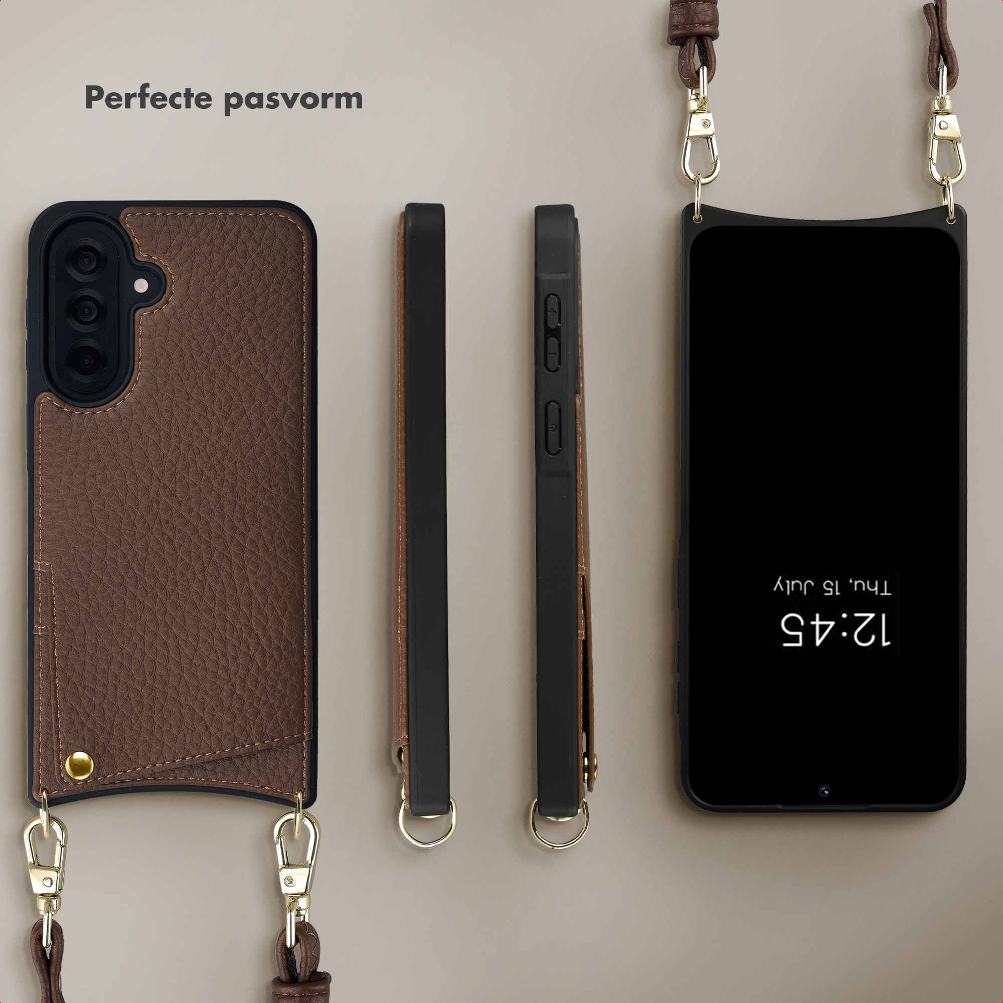 Étui en cuir marron pour téléphone avec protection caméra et lanière.