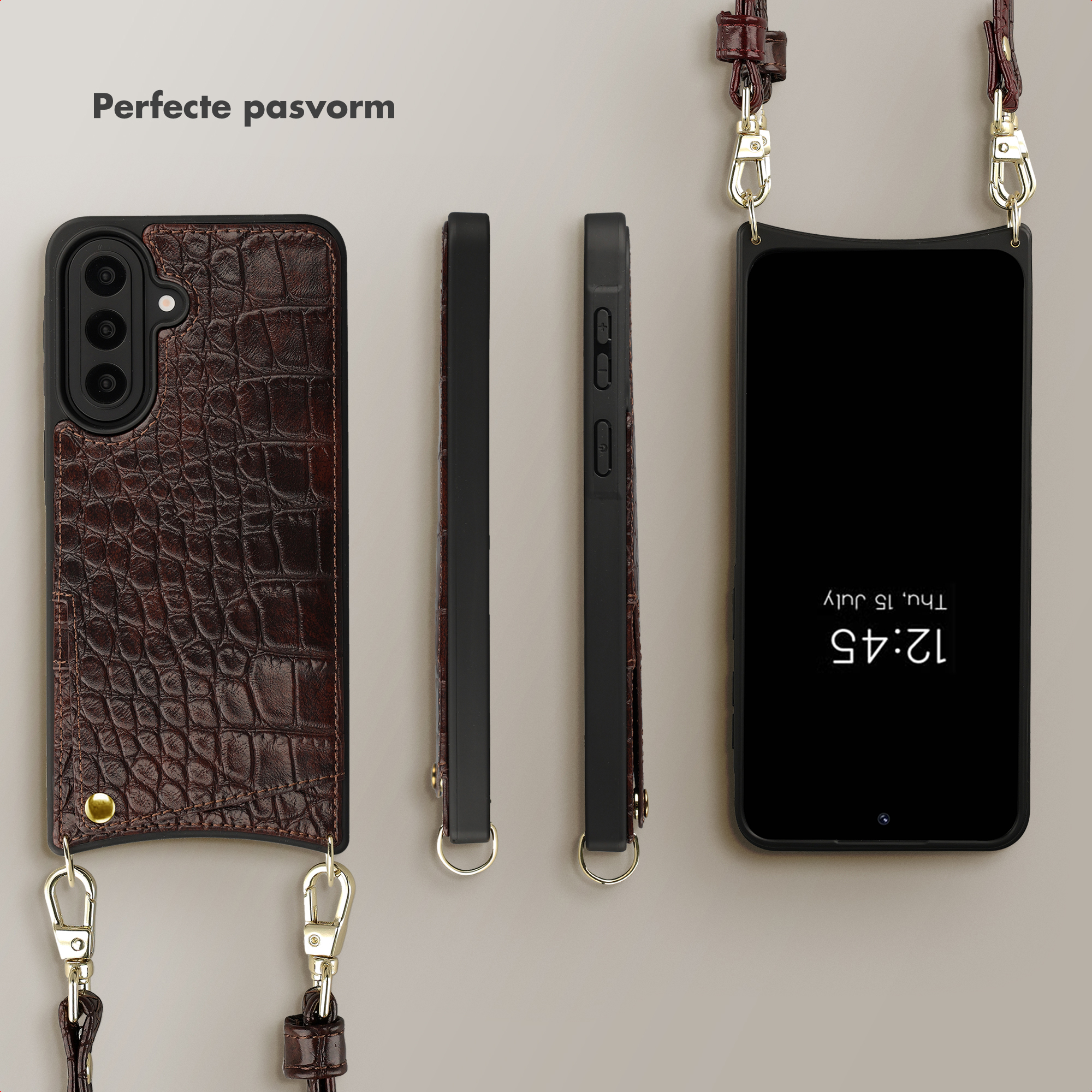 Custodia per telefono in pelle di coccodrillo marrone con cinturino e hardware argentato.