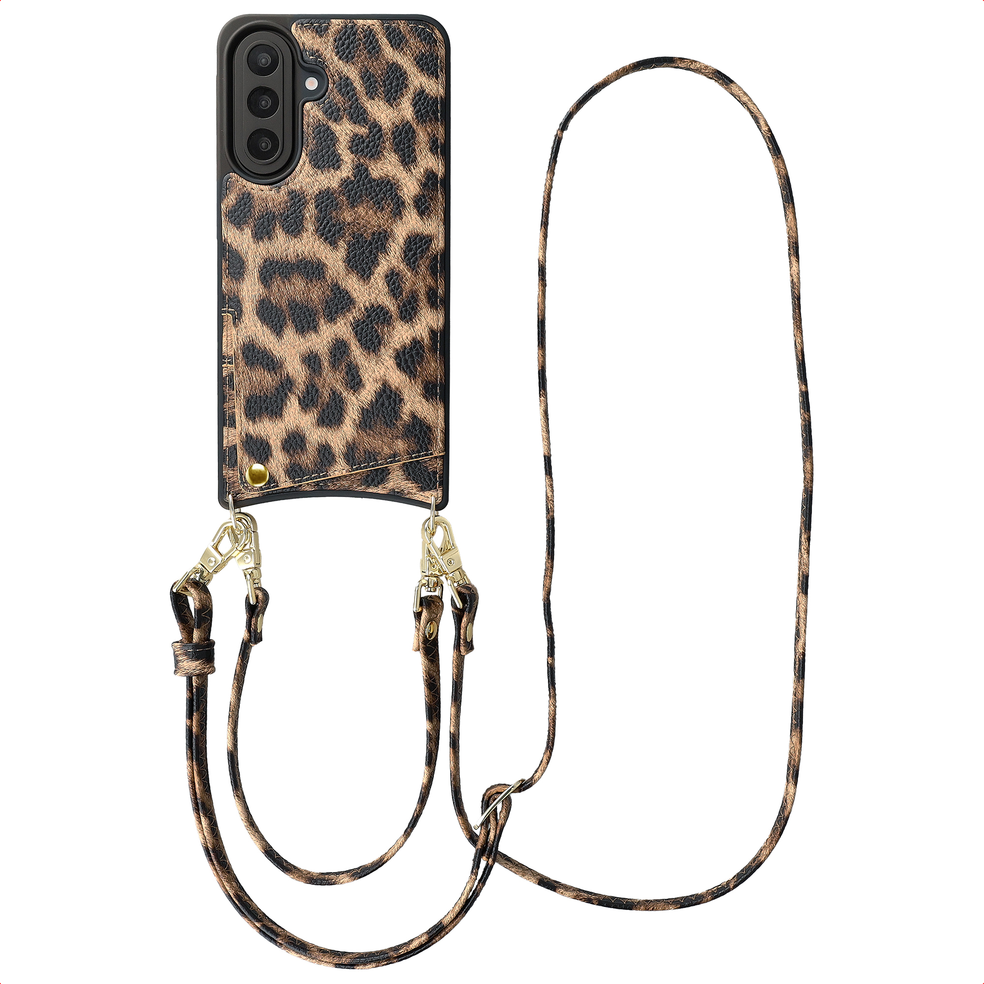 Coque de téléphone léopard avec une lanière. La coque a trois caméras et des détails dorés.