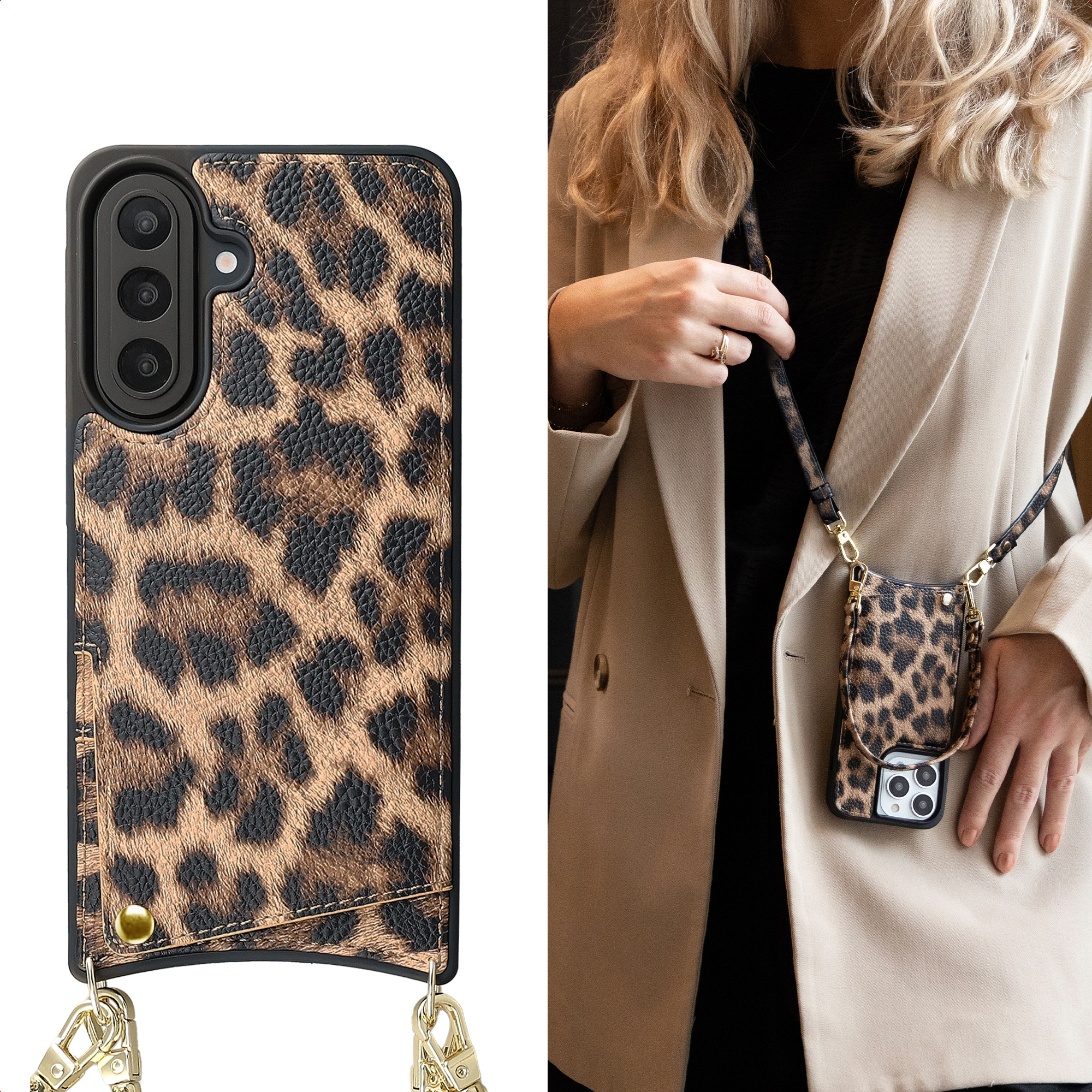 Coque de téléphone léopard avec lanière, à côté d'une personne en veste beige.