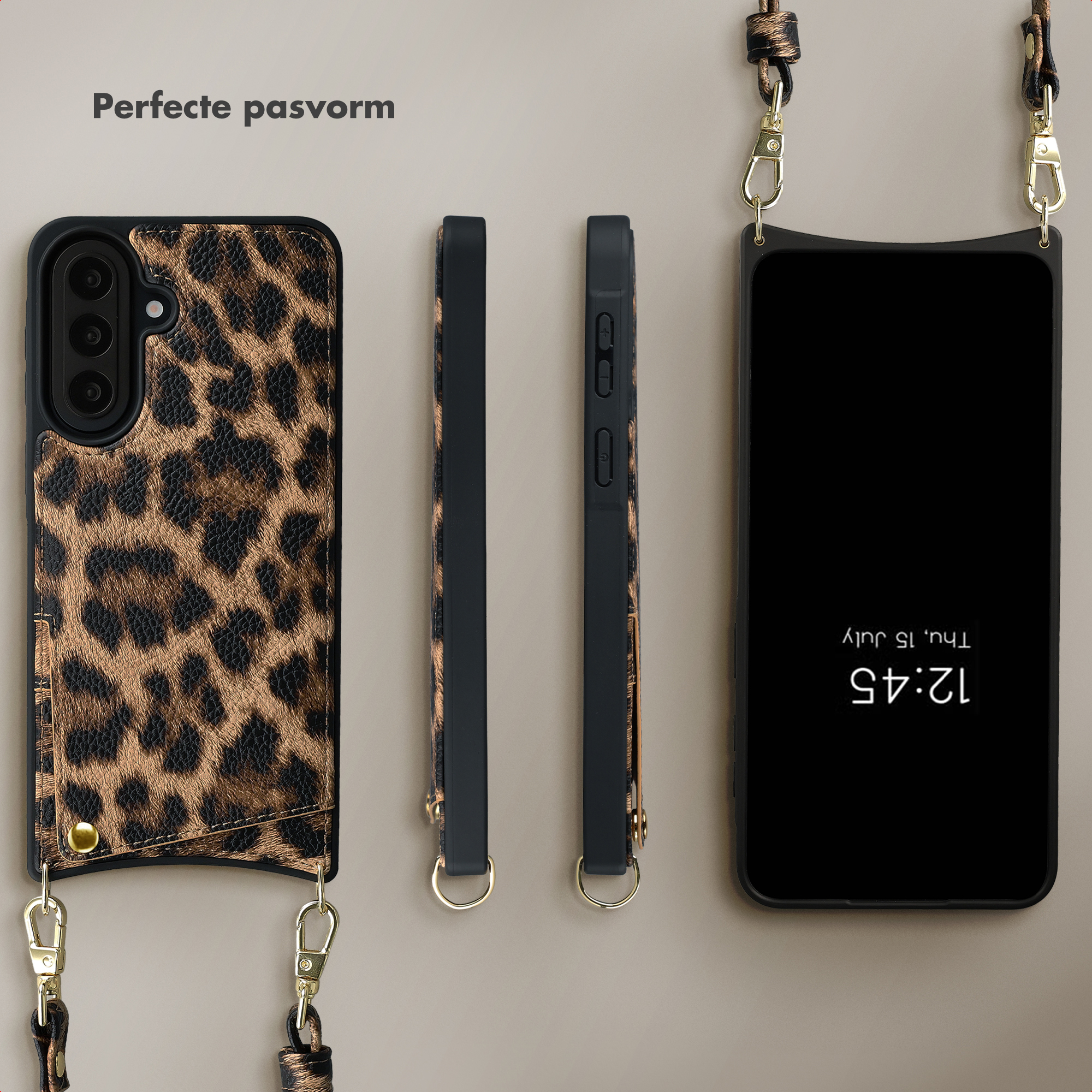 Coque de téléphone léopard avec dragonne et téléphone noir.