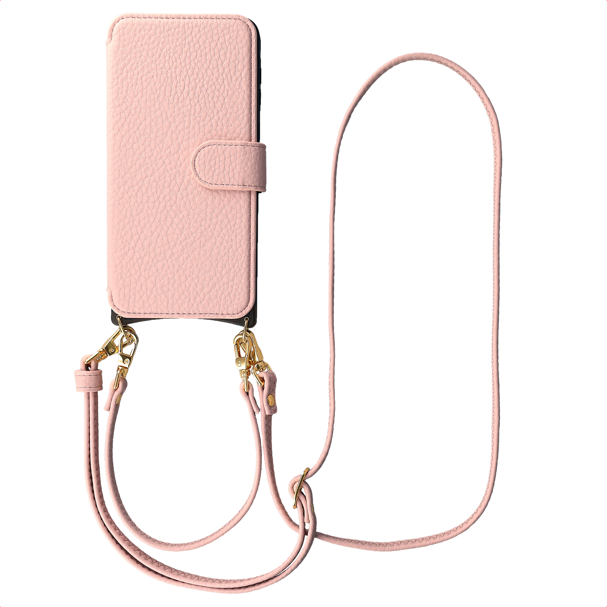 Een roze telefoonhoesje met een bandje en gouden hardware.