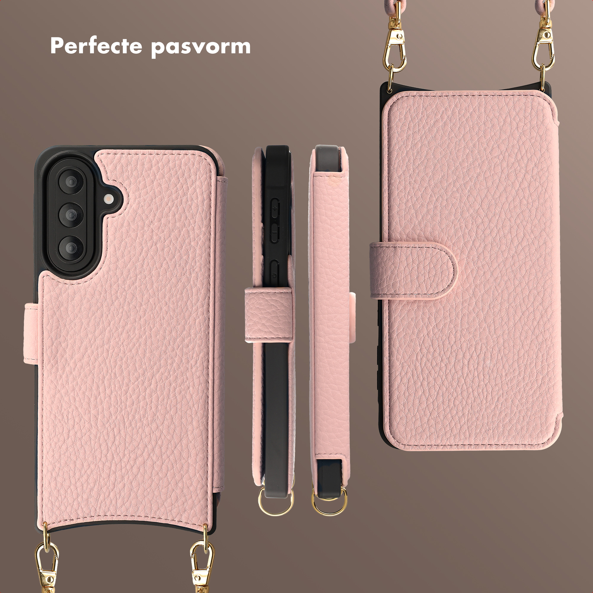 Een roze telefoonhoesje van leer met draagkoord, getoond voor een perfecte pasvorm.