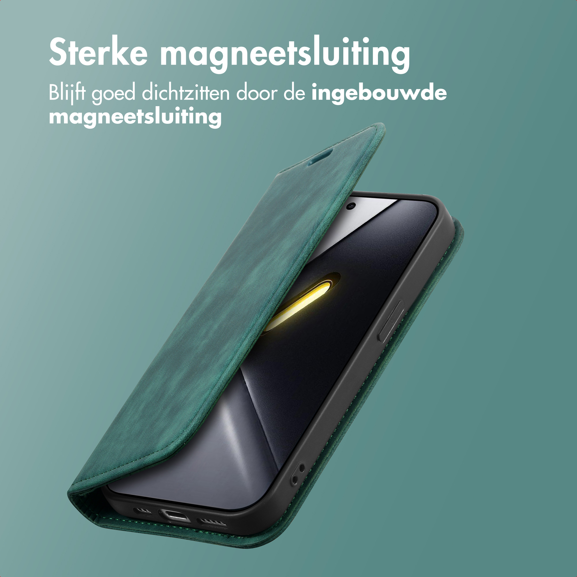 Custodia verde per telefono con chiusura magnetica, parzialmente aperta, che rivela un telefono.