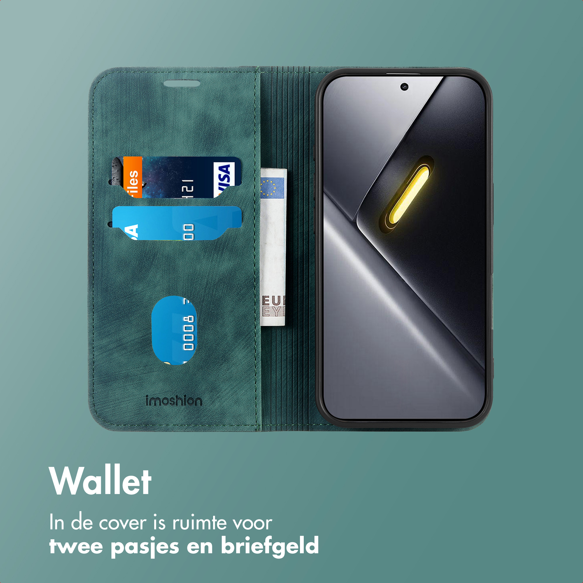 Custodia a portafoglio verde con smartphone, carte e contanti.
